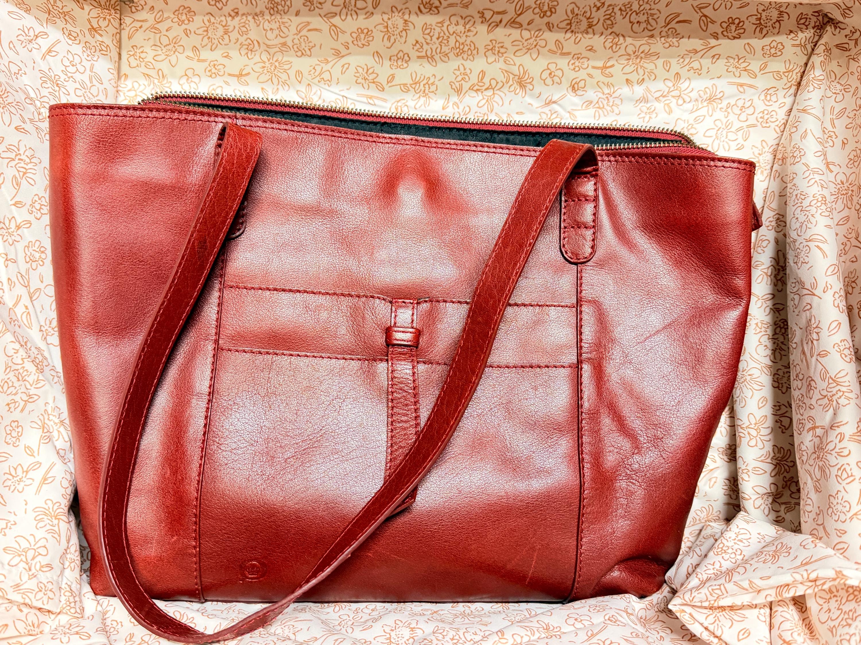 Born Distressed Red Leather Tote Bag Large Shoulder Purse Zip Top Carryall