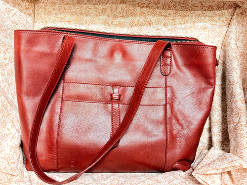 Born Distressed Red Leather Tote Bag Large Shoulder Purse Zip Top Carryall