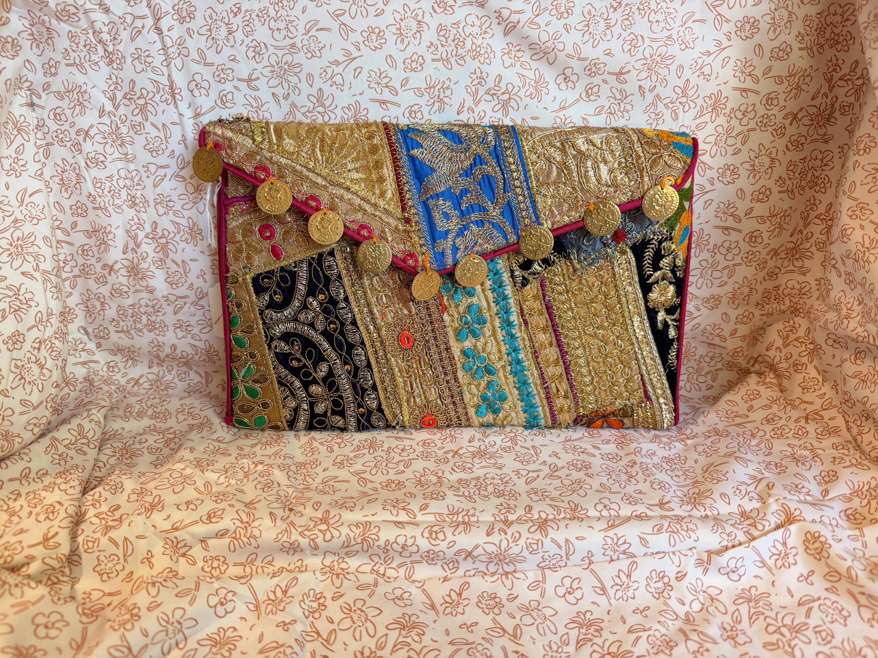 Boho Indian Patchwork Clutch Bag Gold Embroidered Festival Envelope Purse