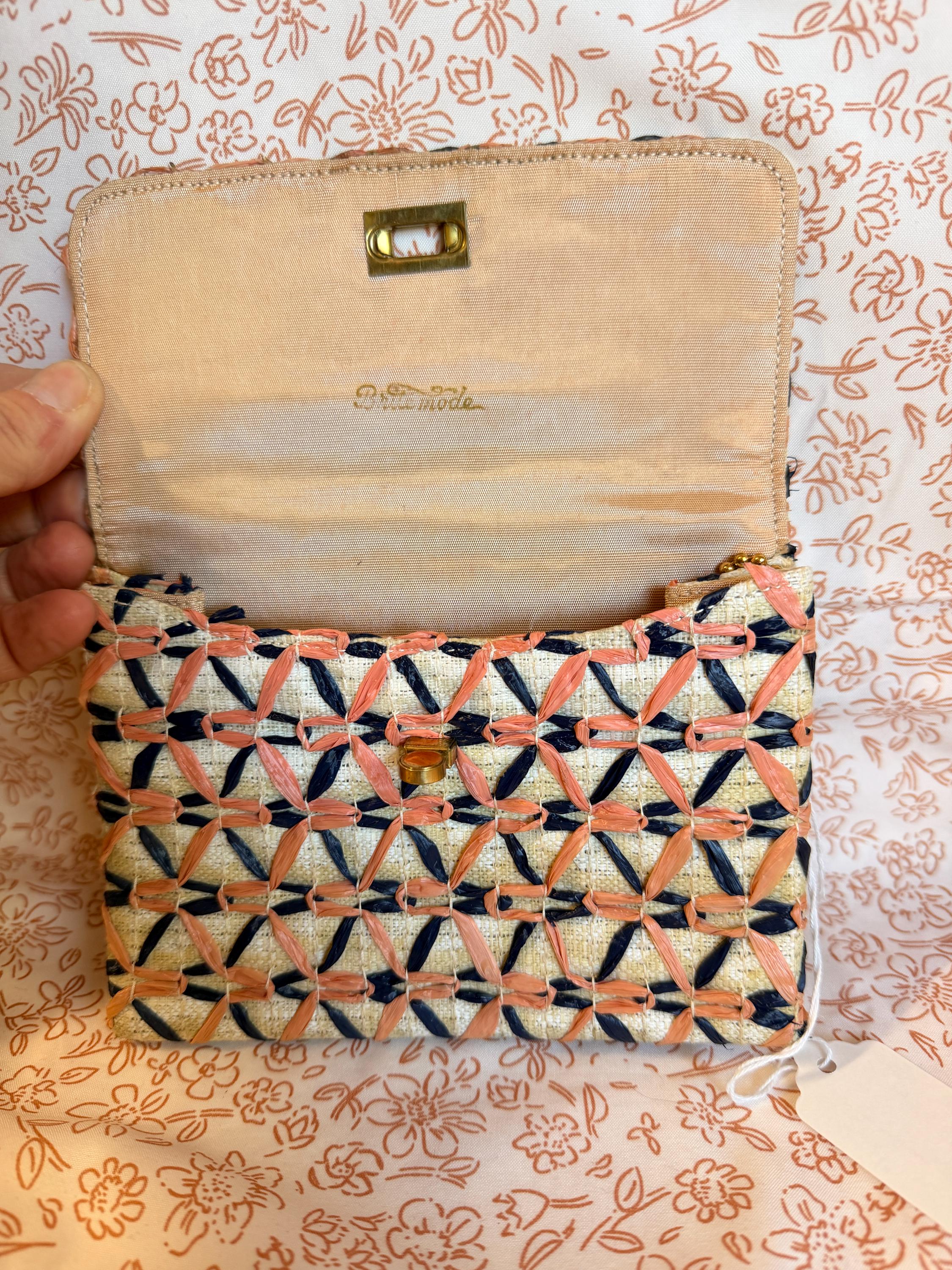 Vintage Raffia Wallet Clutch with Mirror and Comb Travel Accessory Set