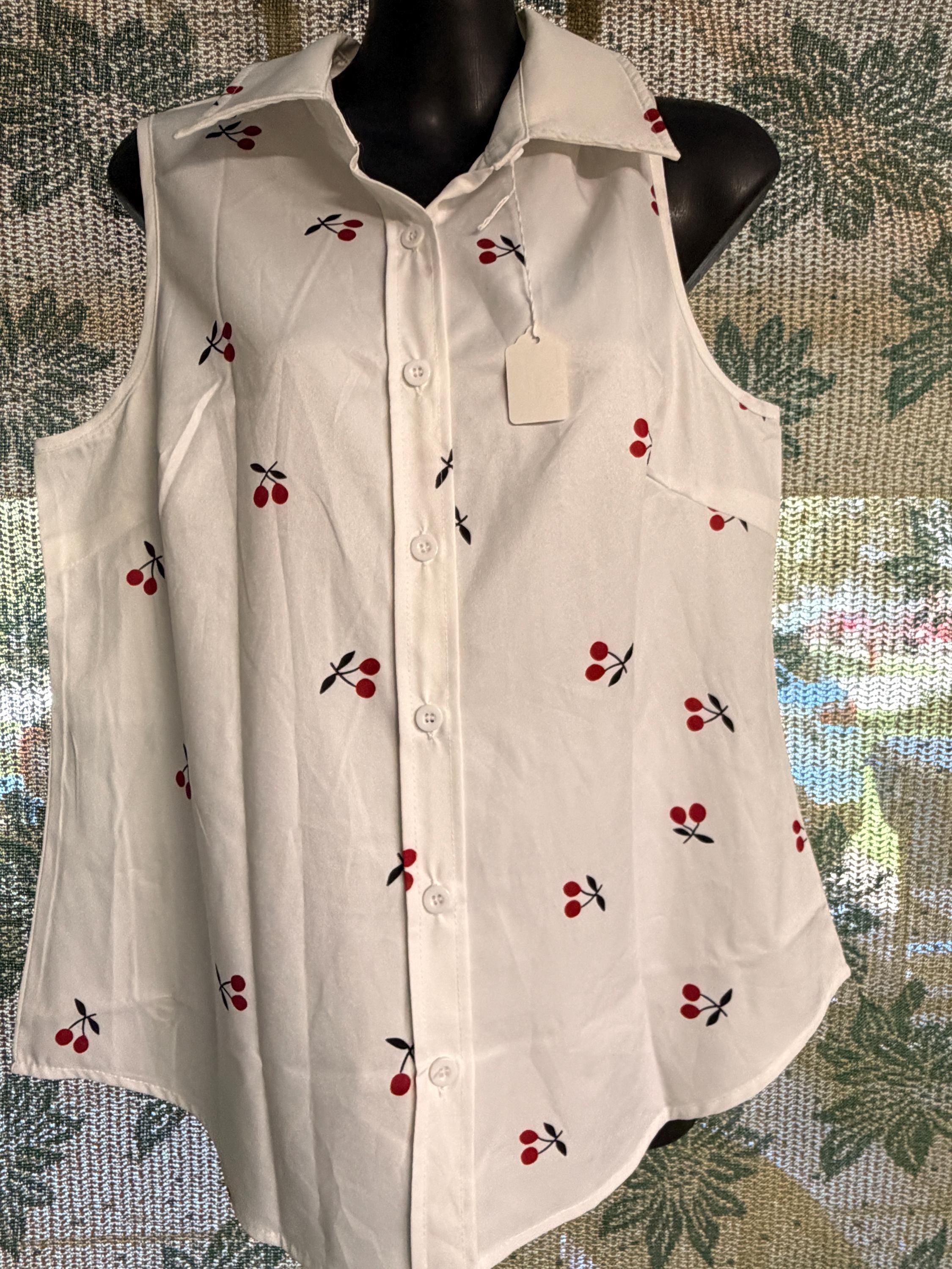 Cherry Print Sleeveless Button Front Blouse