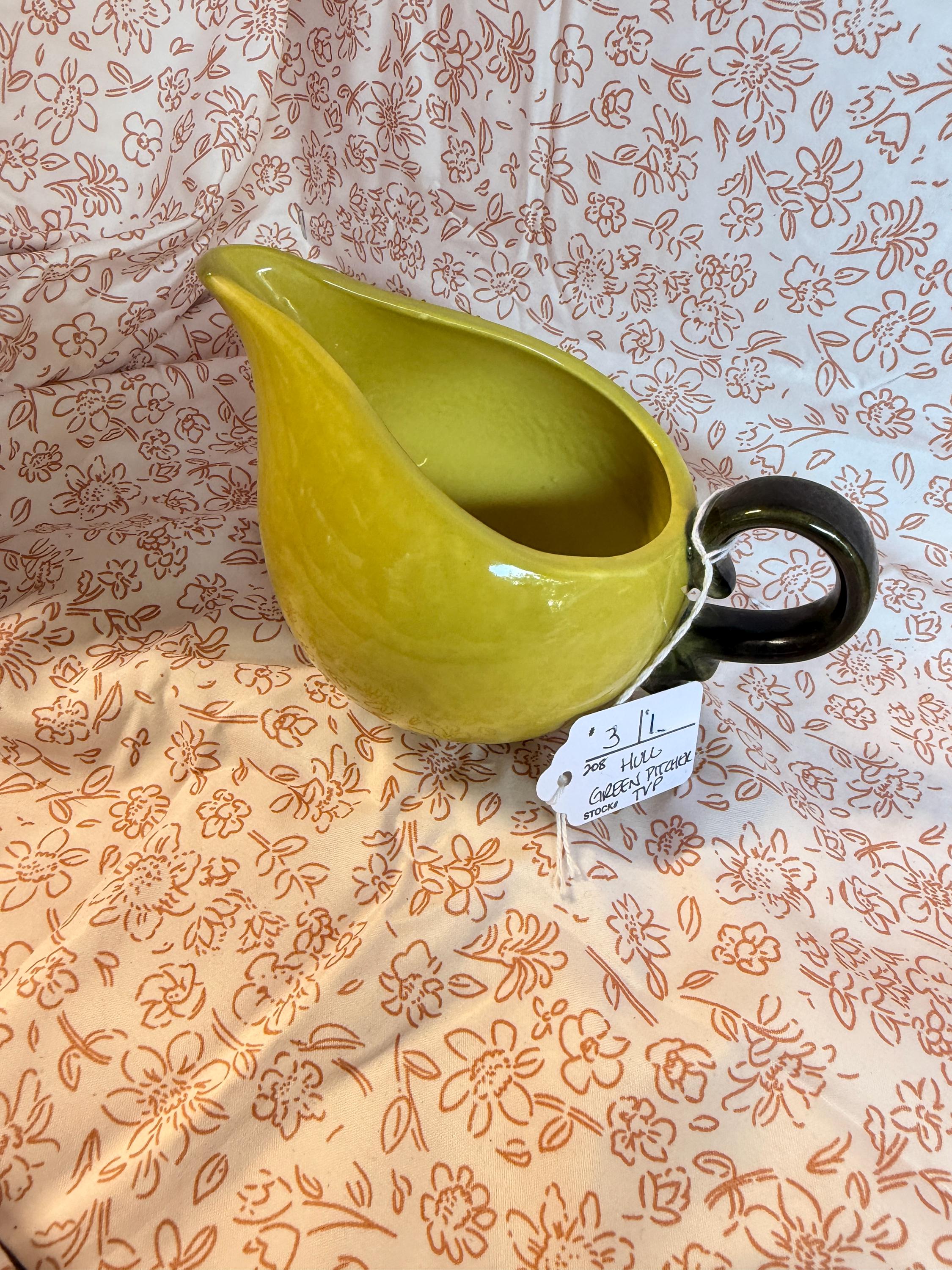 Vintage Hull Pottery Green Chartreuse Pitcher with Dark Green Handle Mid Century Art Pottery Ewer