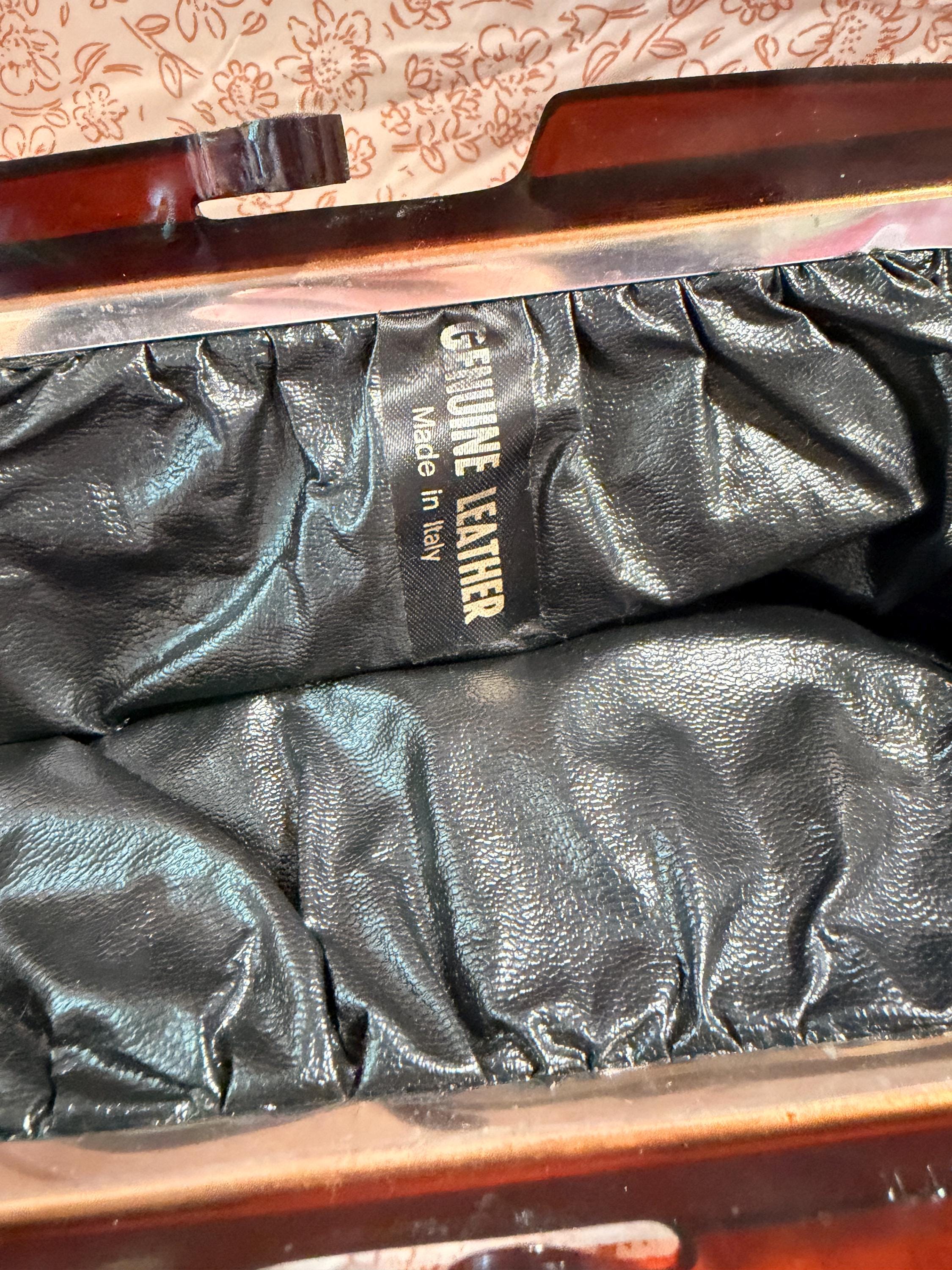 Vintage Italian Leather Clutch Purse Lucite Frame Black Genuine Leather Made in Italy