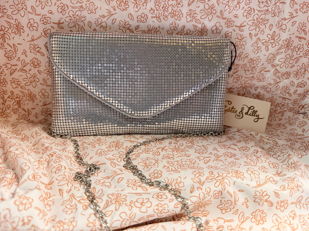 Estee & Lilly Silver Mesh Evening Clutch Purse NWT Metallic Chain Strap Formal Wedding Handbag