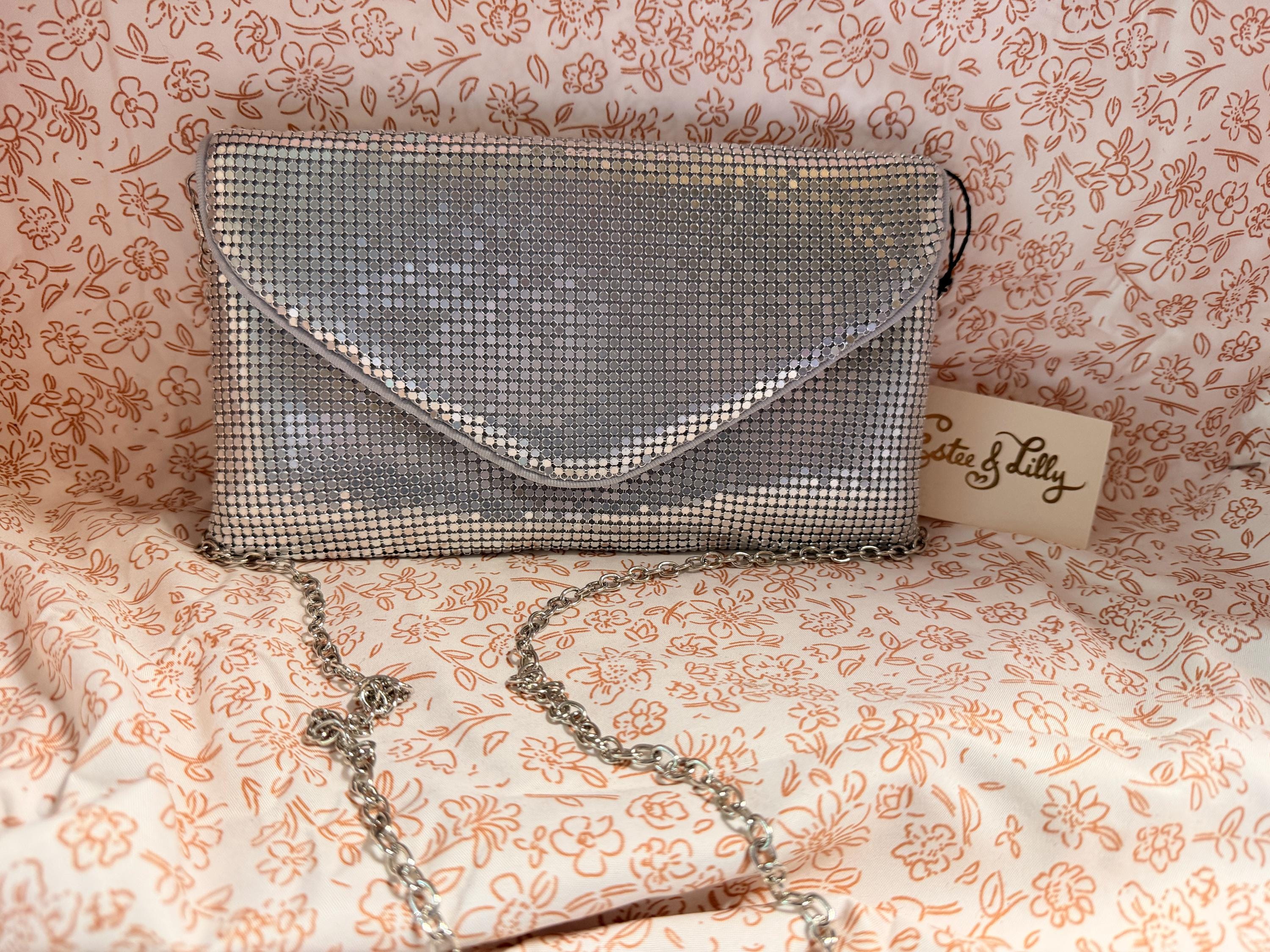Estee & Lilly Silver Mesh Evening Clutch Purse NWT Metallic Chain Strap Formal Wedding Handbag