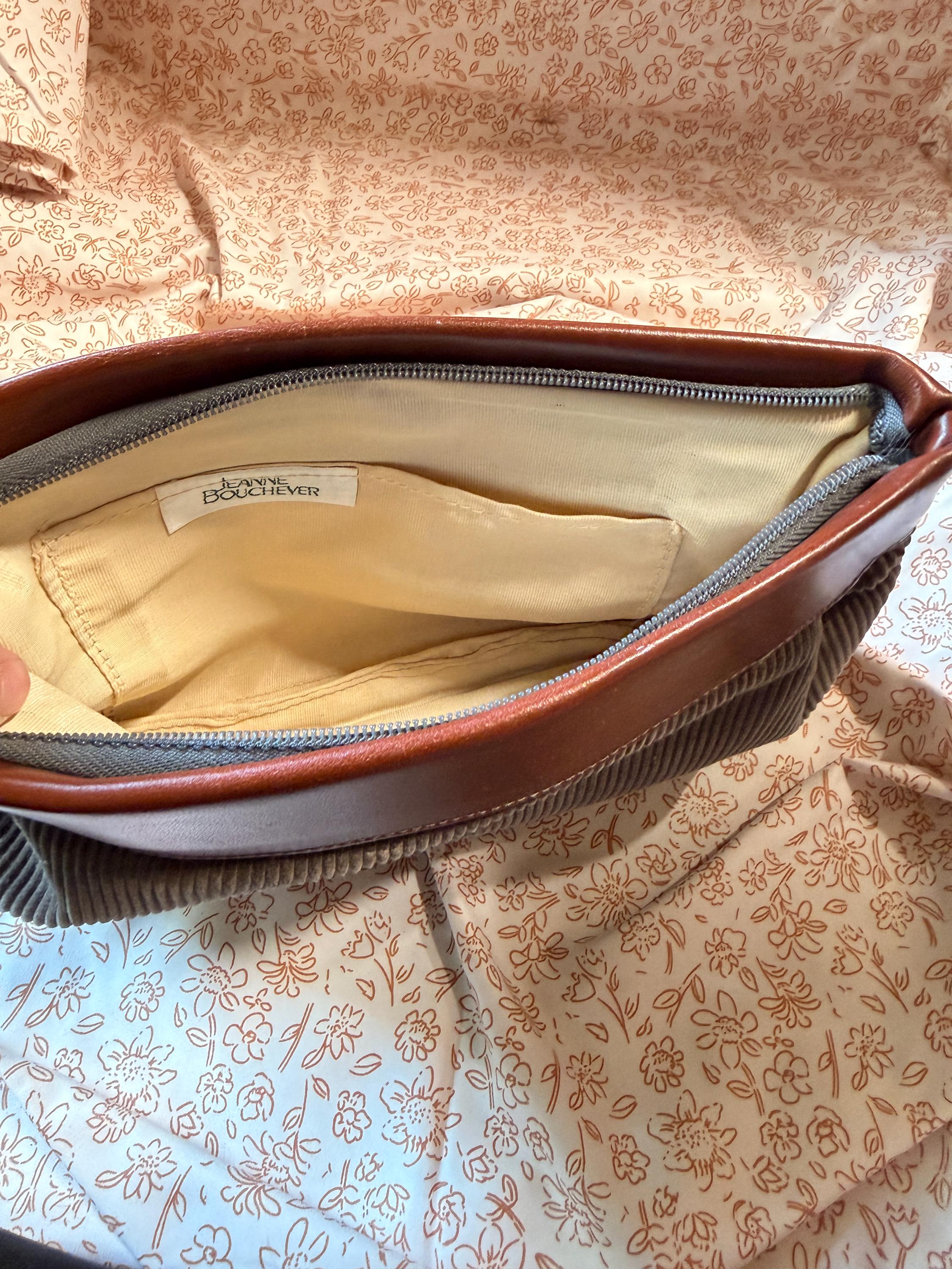 Jeanne Boucher Corduroy Clutch Purse Brown Trim Vintage Oversized Handbag 1990s