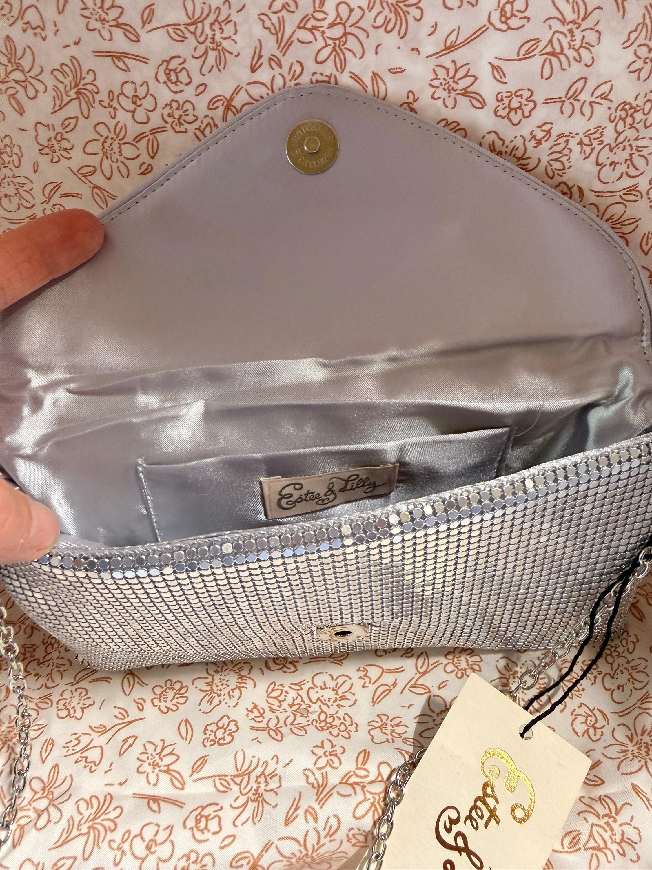 Estee & Lilly Silver Mesh Evening Clutch Purse NWT Metallic Chain Strap Formal Wedding Handbag