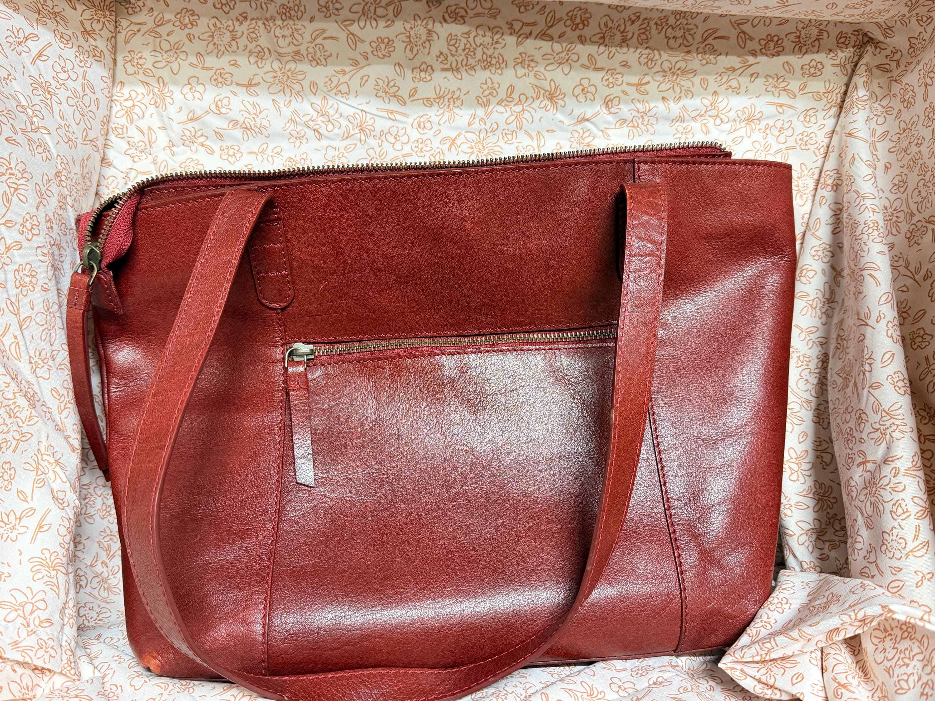 Born Distressed Red Leather Tote Bag Large Shoulder Purse Zip Top Carryall