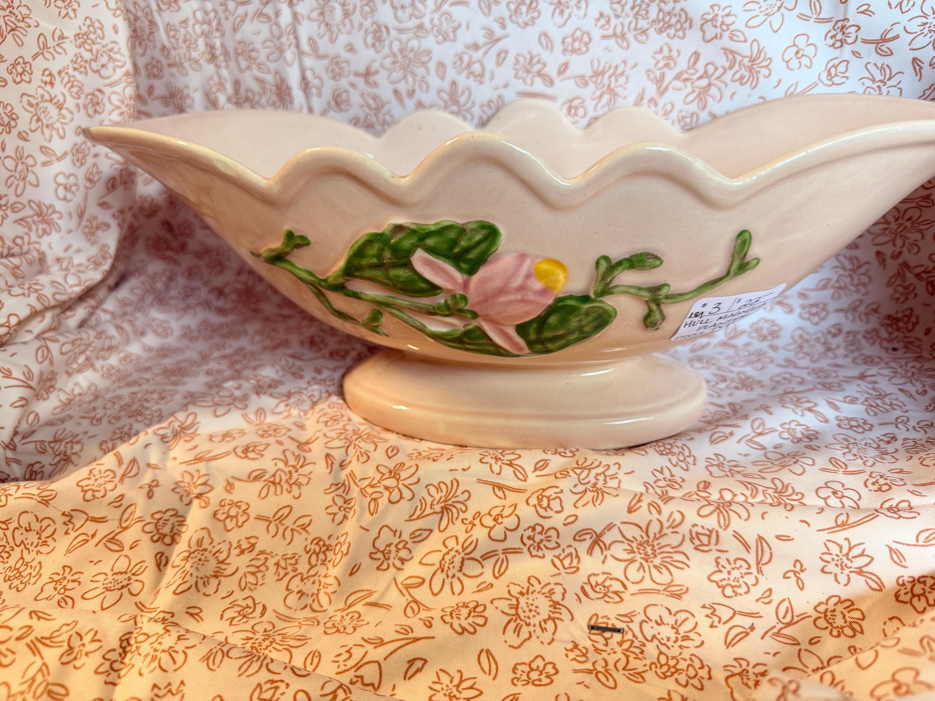 Vintage Hull Magnolia Console Bowl H-23-13 Pink Floral Planter Mid Century Art Pottery Centerpiece