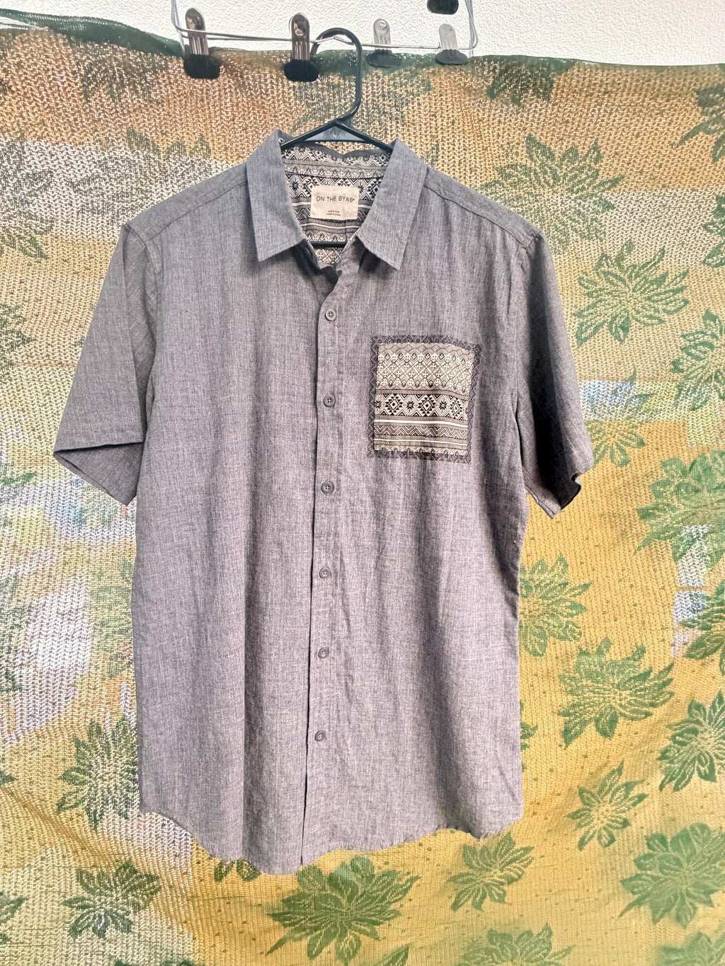 On The Byas Chambray Button Front Shirt Tribal Pocket Detail Men's Medium
