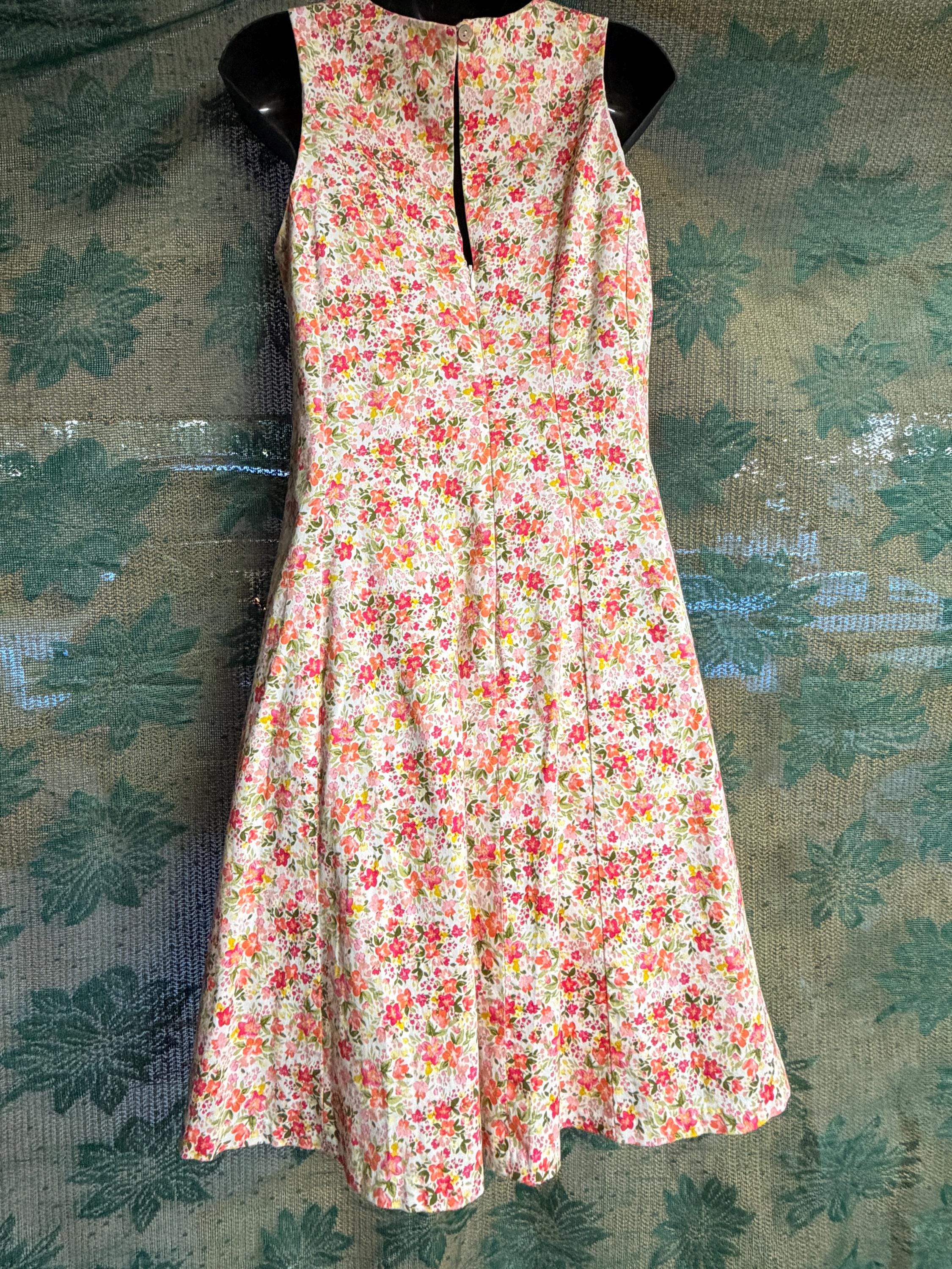 Vintage Floral A-Line Midi Dress | Cottagecore Sleeveless Garden Party Pink Flower