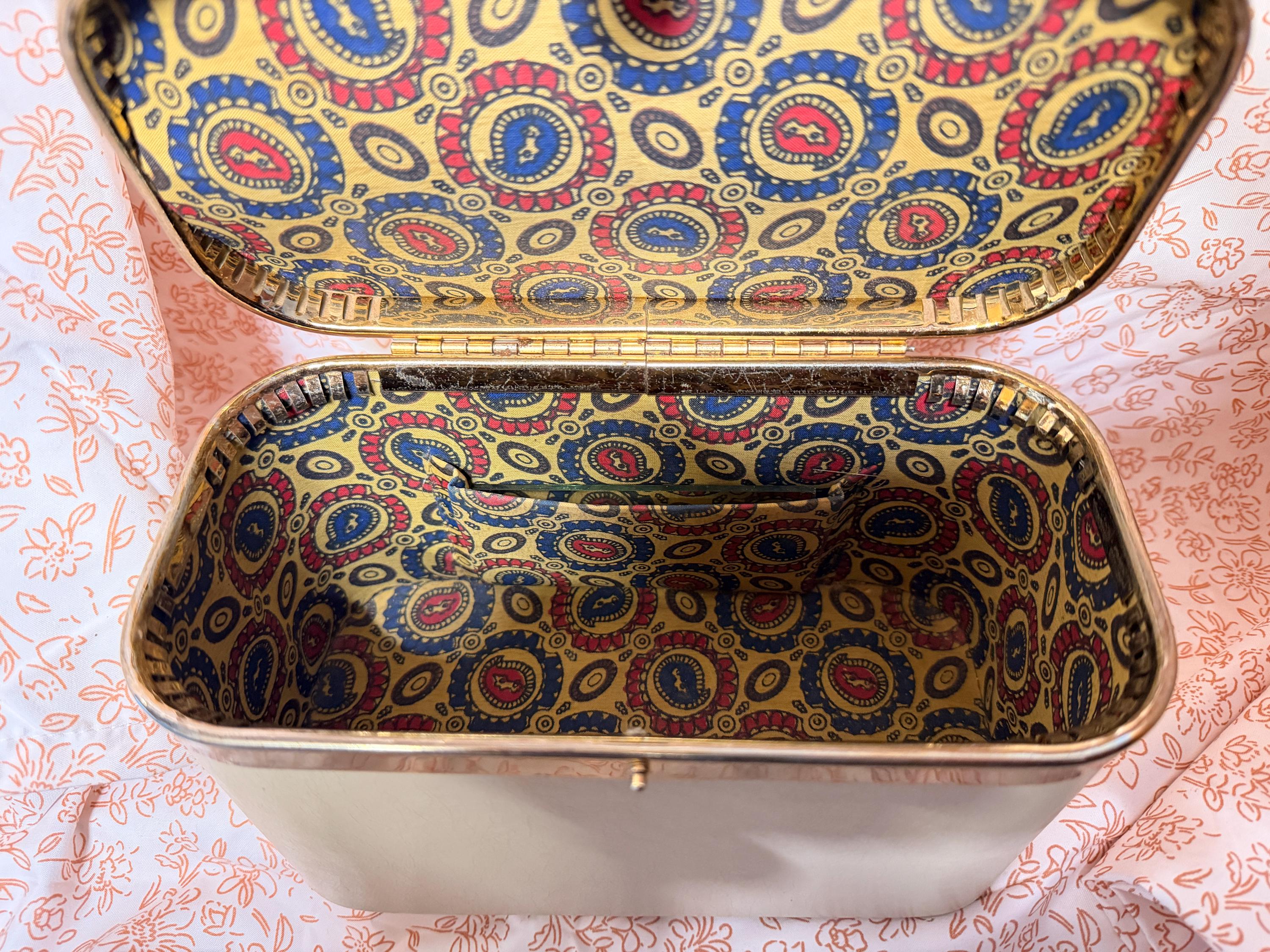Vintage Mid Century Train Case Lucite Handle Vanity Case Cream Cosmetic Box Travel Case