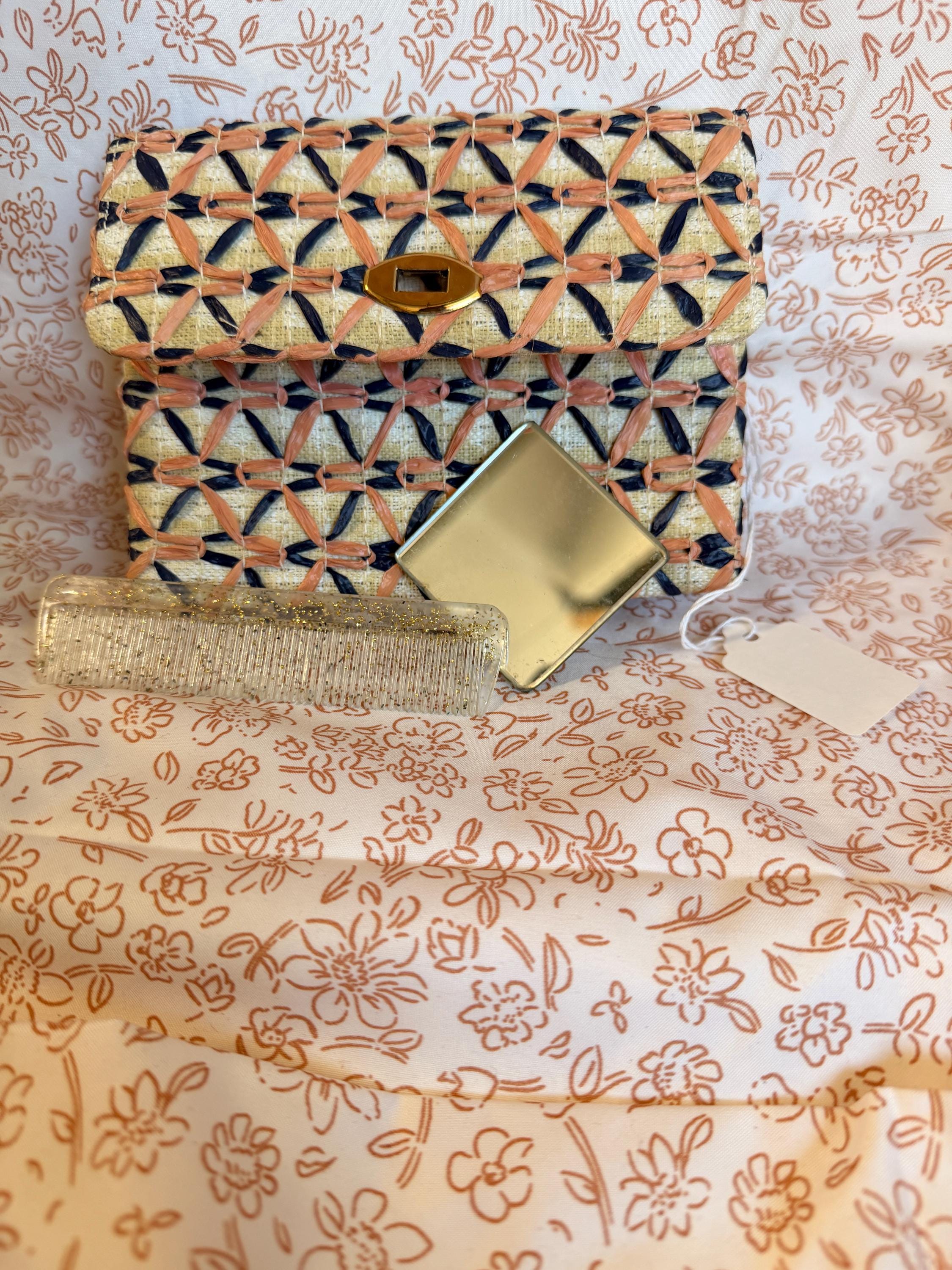 Vintage Raffia Wallet Clutch with Mirror and Comb Travel Accessory Set