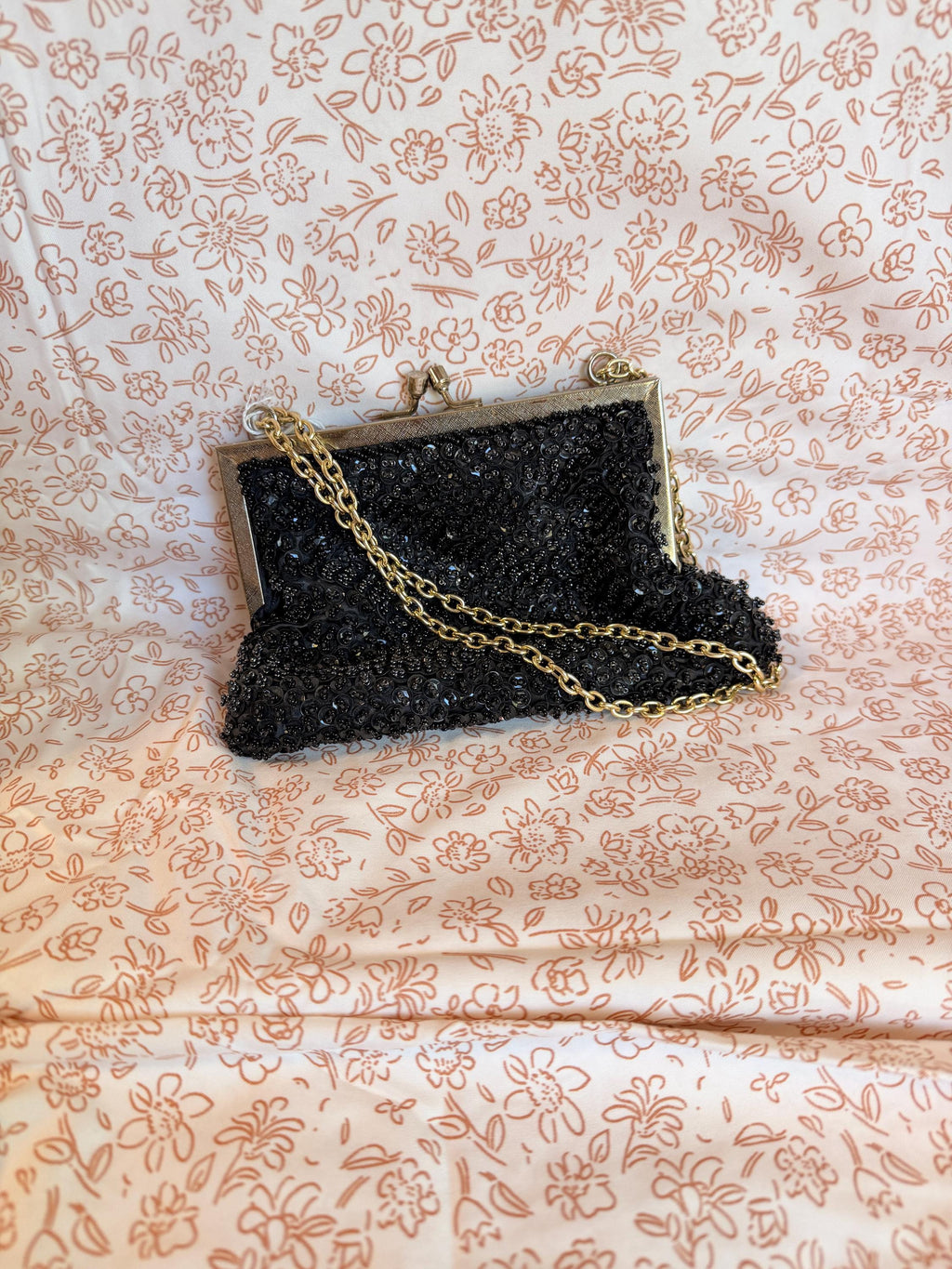 Vintage Magid Black Beaded Evening Clutch Purse | Formal Cocktail Bag | Gold Chain Handbag