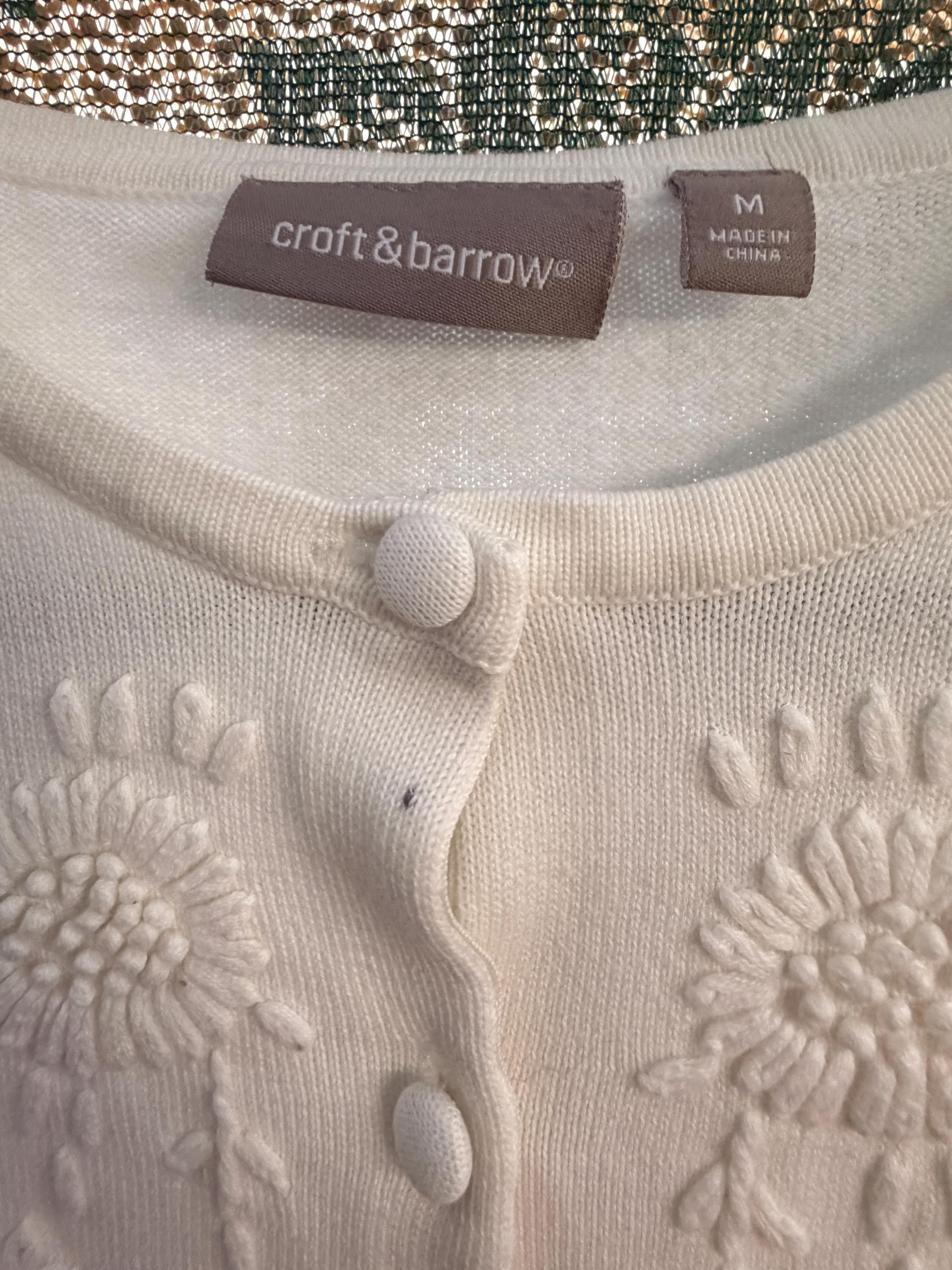 Croft & Barrow White Floral Embroidered Cardigan Sweater Women's Medium