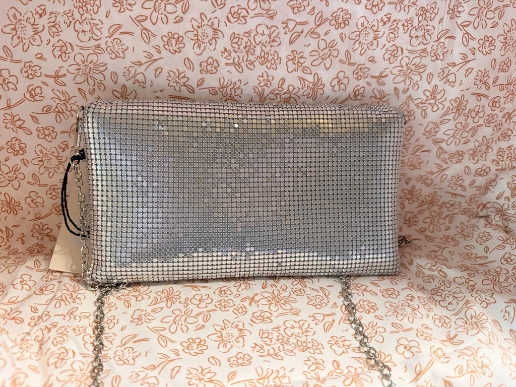 Estee & Lilly Silver Mesh Evening Clutch Purse NWT Metallic Chain Strap Formal Wedding Handbag