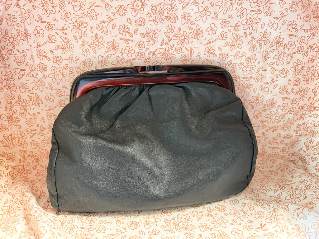 Vintage Italian Leather Clutch Purse Lucite Frame Black Genuine Leather Made in Italy