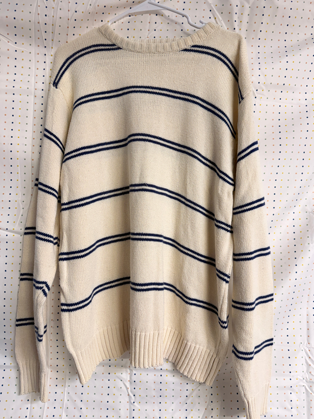 Vintage Warren Scott Cotton Nautical Stripe Sweater XL Cream Navy Coastal Cottagecore Preppy Knit Pullover