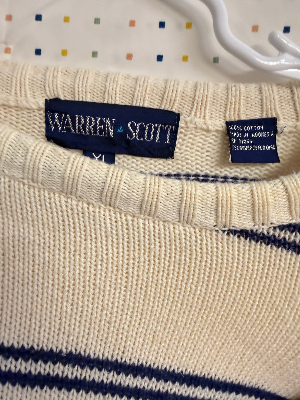 Vintage Warren Scott Cotton Nautical Stripe Sweater XL Cream Navy Coastal Cottagecore Preppy Knit Pullover