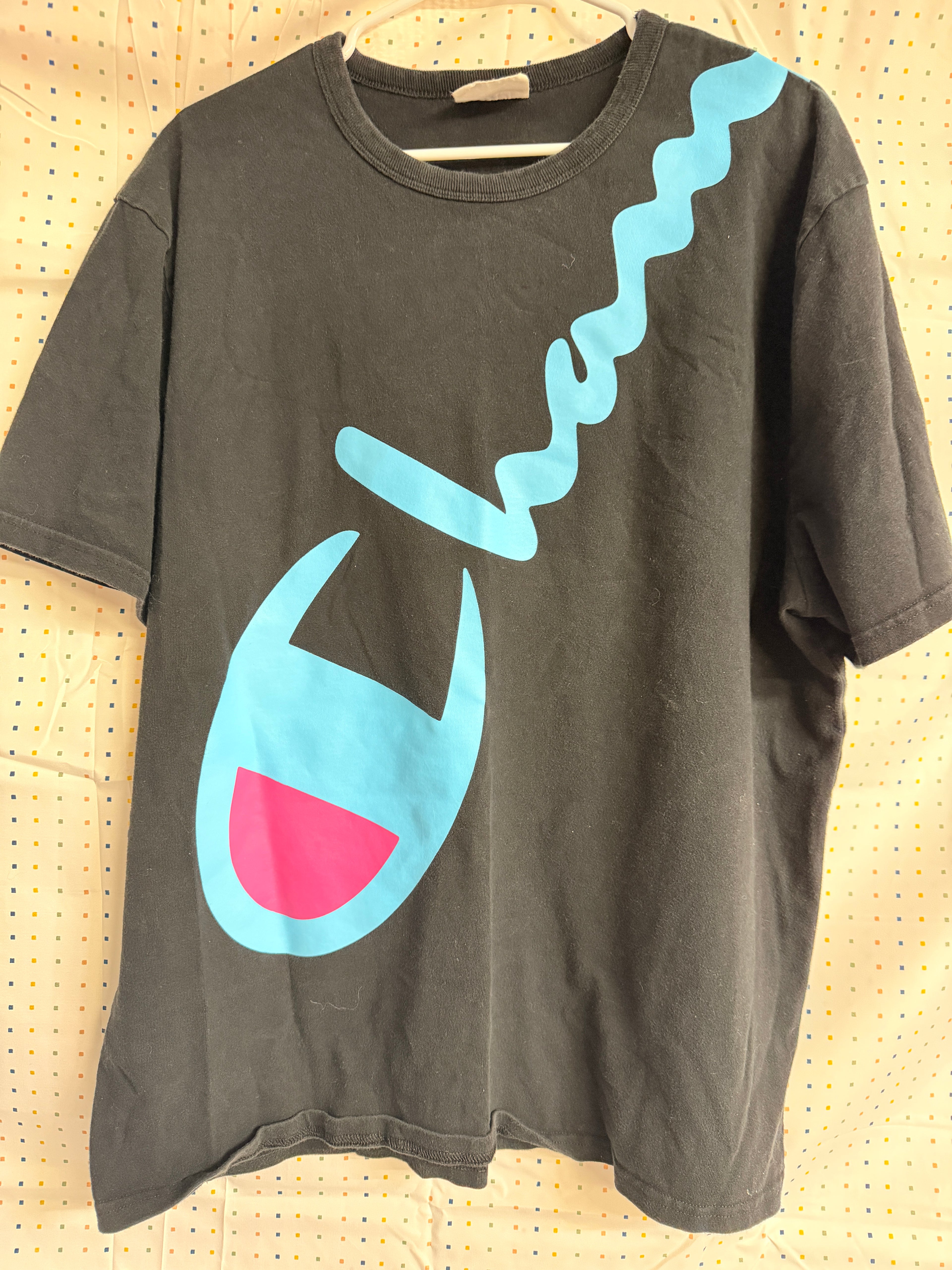 Vintage 90s Champion Script Logo Graphic T Shirt XL Black Blue Pink Single Brand Streetwear Tee