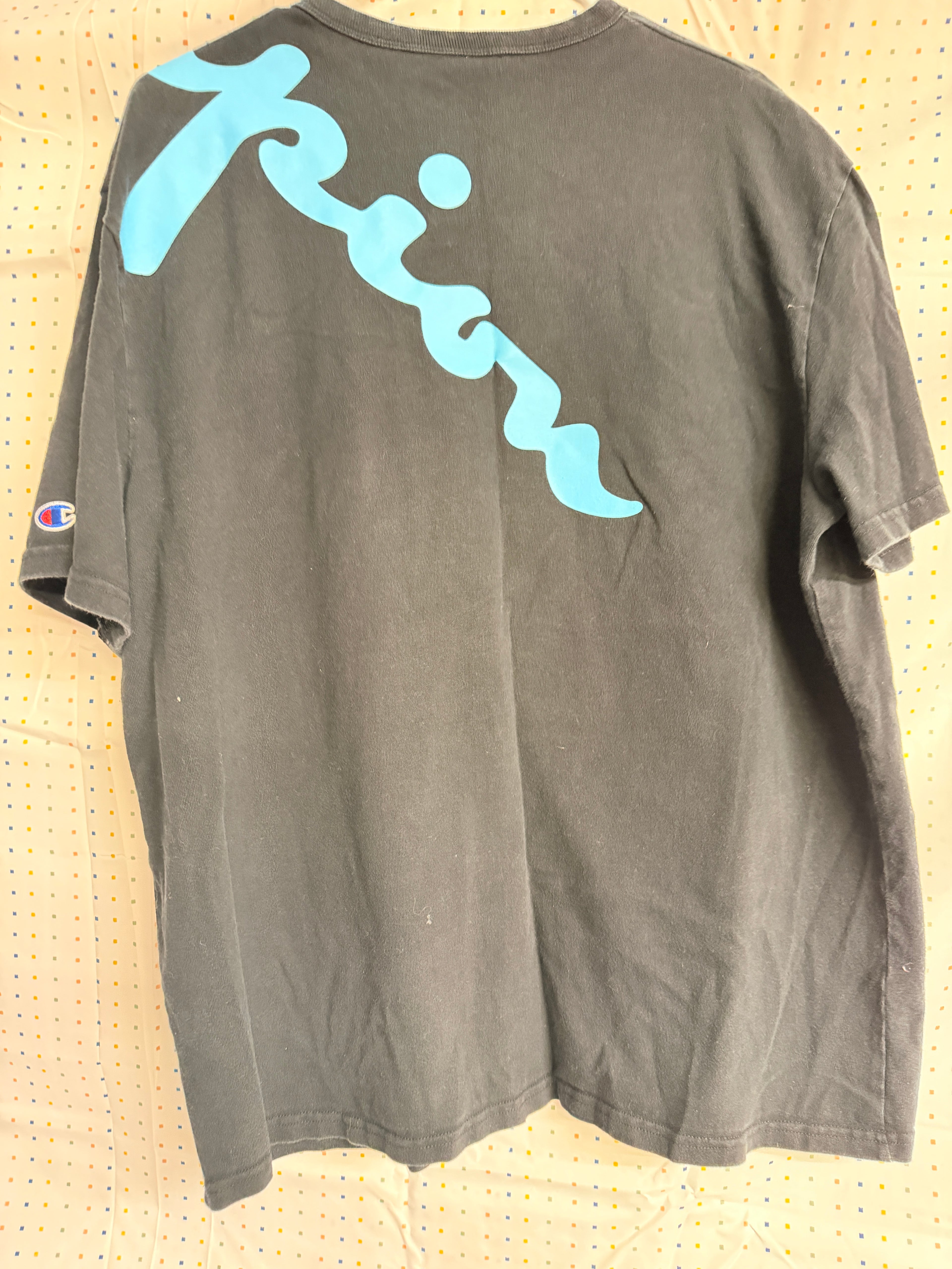 Vintage 90s Champion Script Logo Graphic T Shirt XL Black Blue Pink Single Brand Streetwear Tee