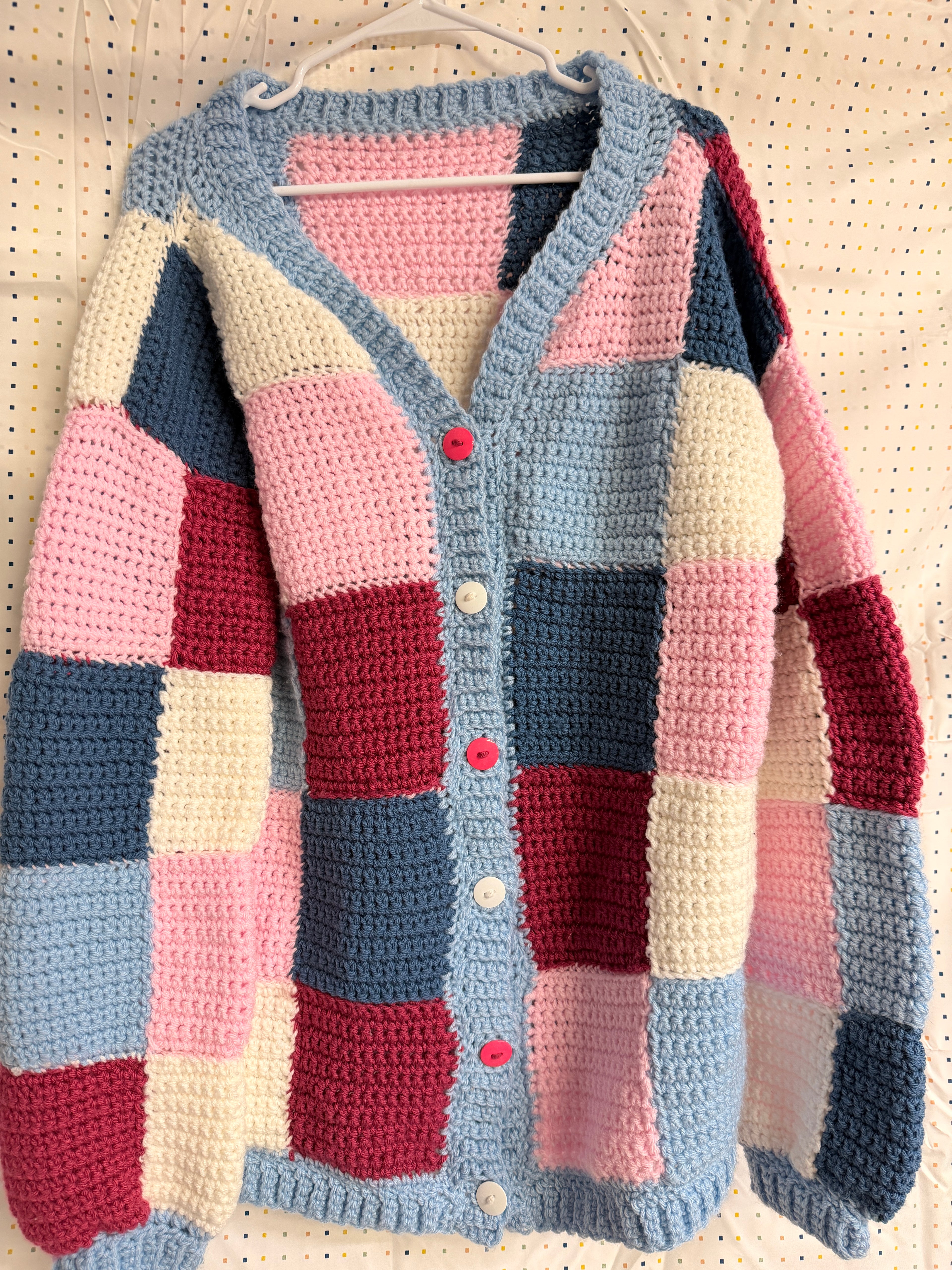 Handmade Crochet Patchwork Cardigan Color Block Granny Square Style Sweater