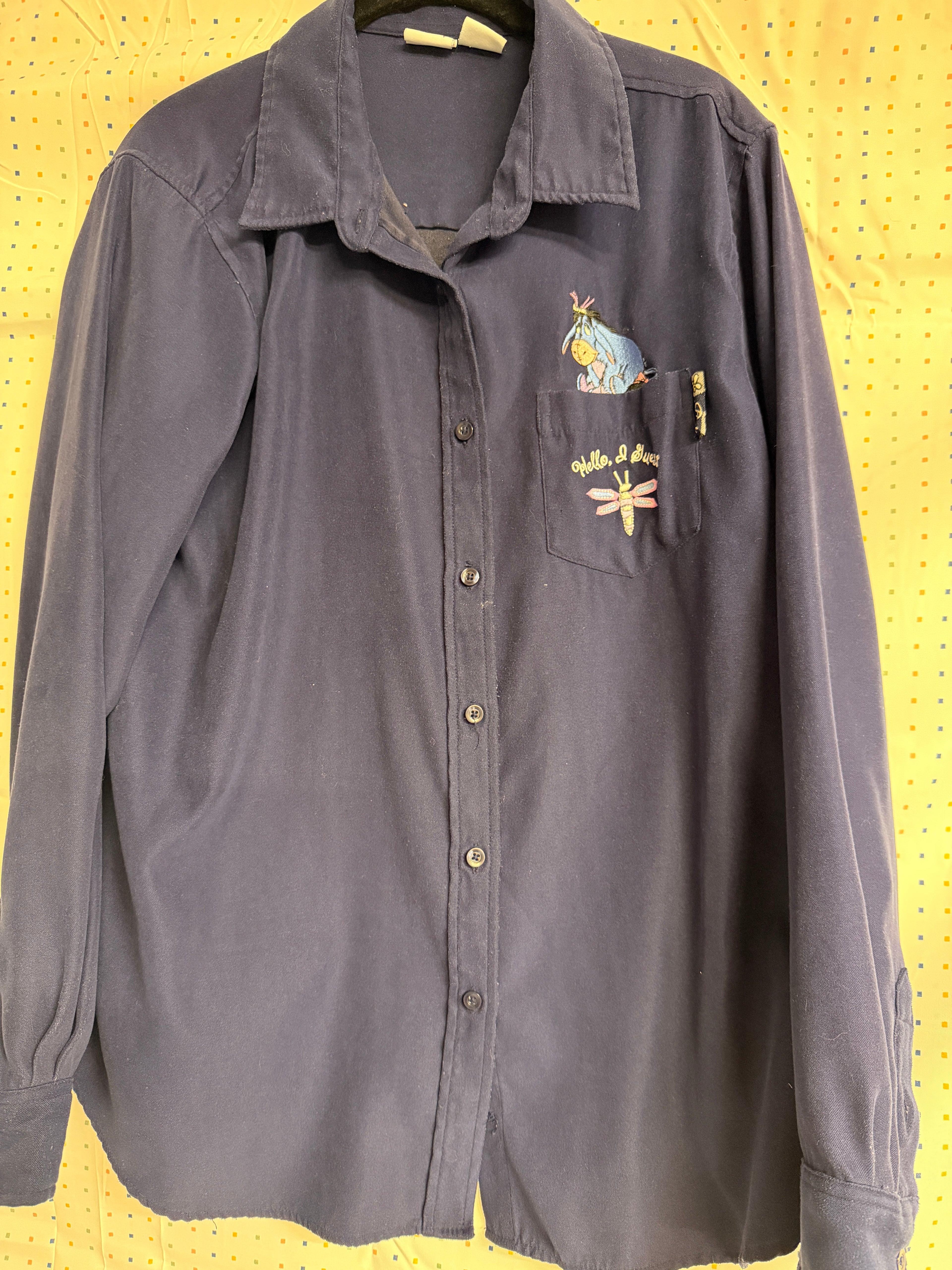 Vintage Disney Eeyore Embroidered Button Front Shirt XL Winnie the Pooh Hello Friend