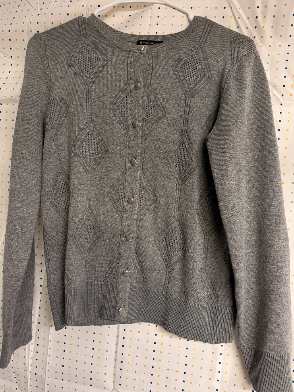Tenney Rose Gray Diamond Knit Cardigan Sweater Women’s Medium Petite