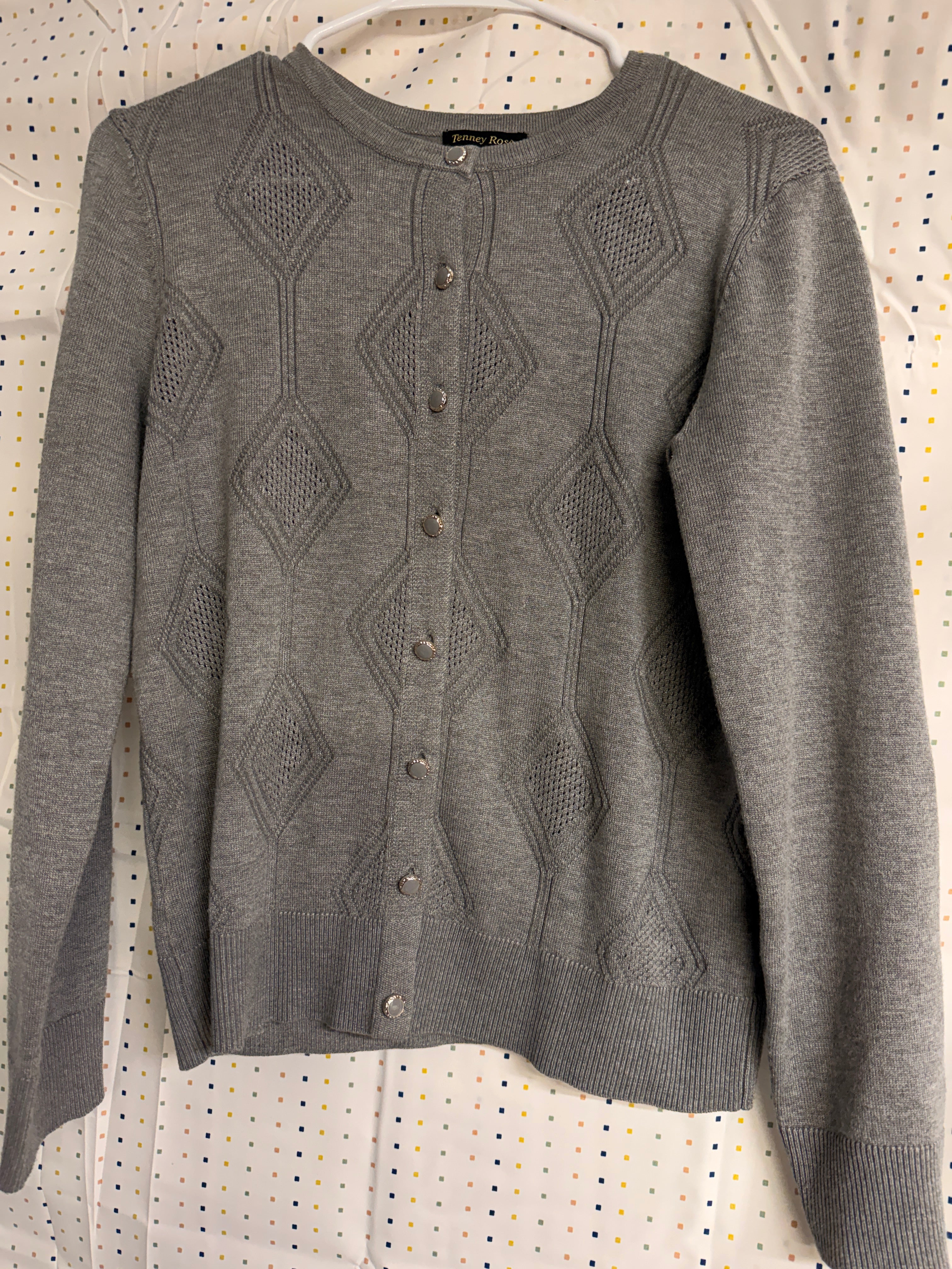 Tenney Rose Gray Diamond Knit Cardigan Sweater Women’s Medium Petite