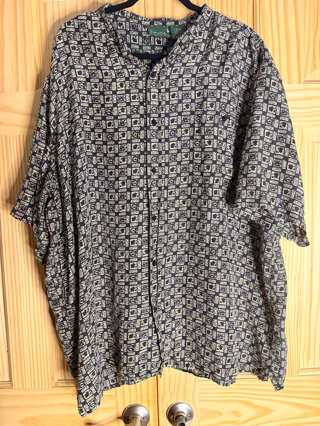 Vintage Scandia Woods Silk Blend Camp Shirt 3XL Geometric Print Oversized Button Front