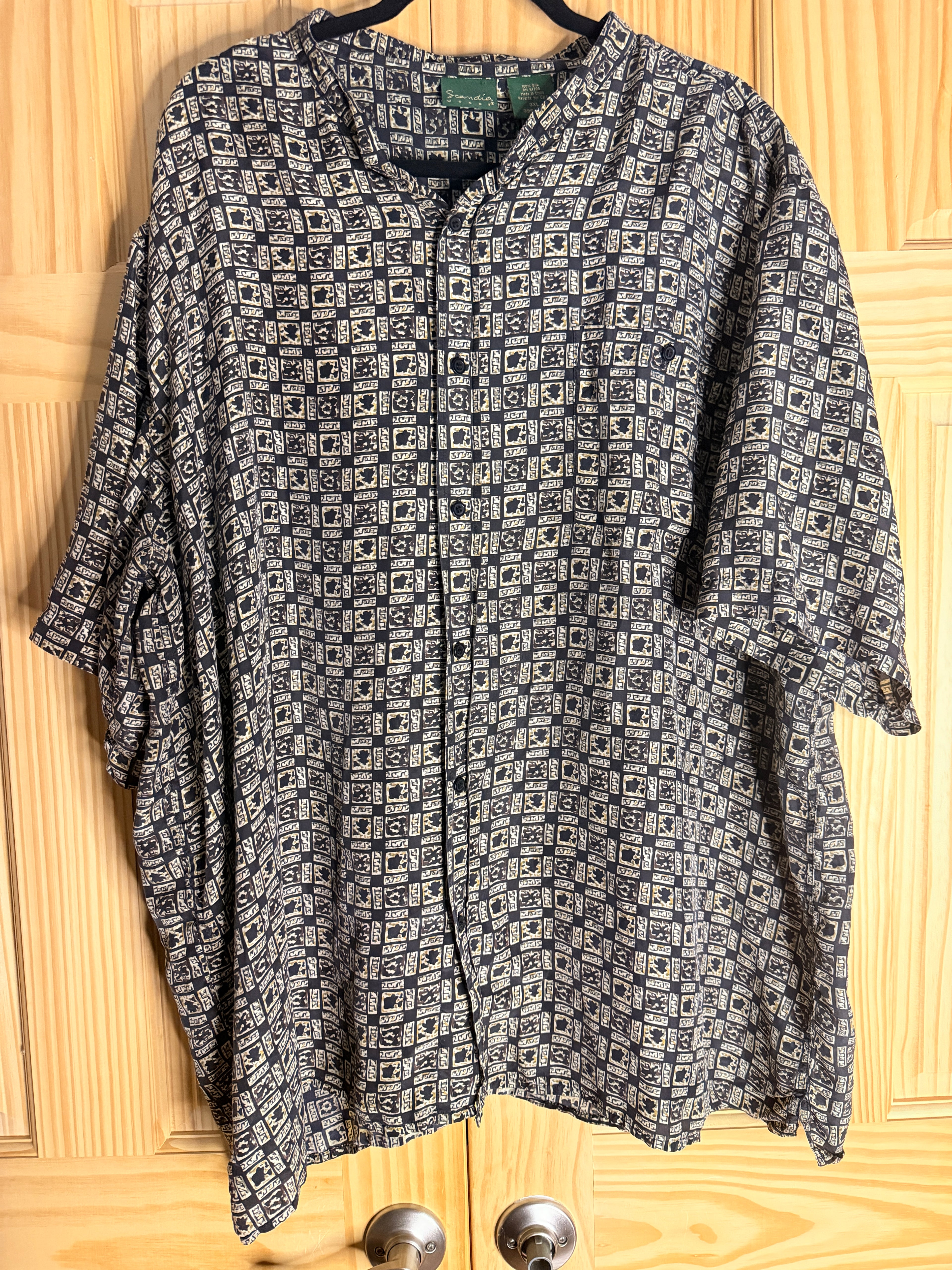Vintage Scandia Woods Silk Blend Camp Shirt 3XL Geometric Print Oversized Button Front