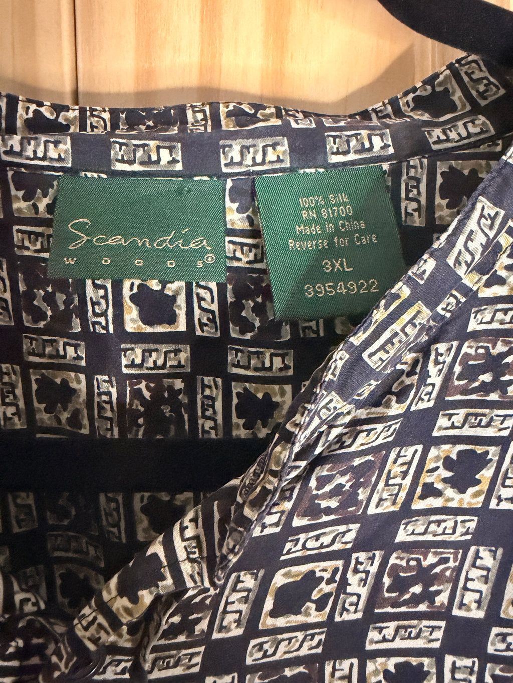 Vintage Scandia Woods Silk Blend Camp Shirt 3XL Geometric Print Oversized Button Front
