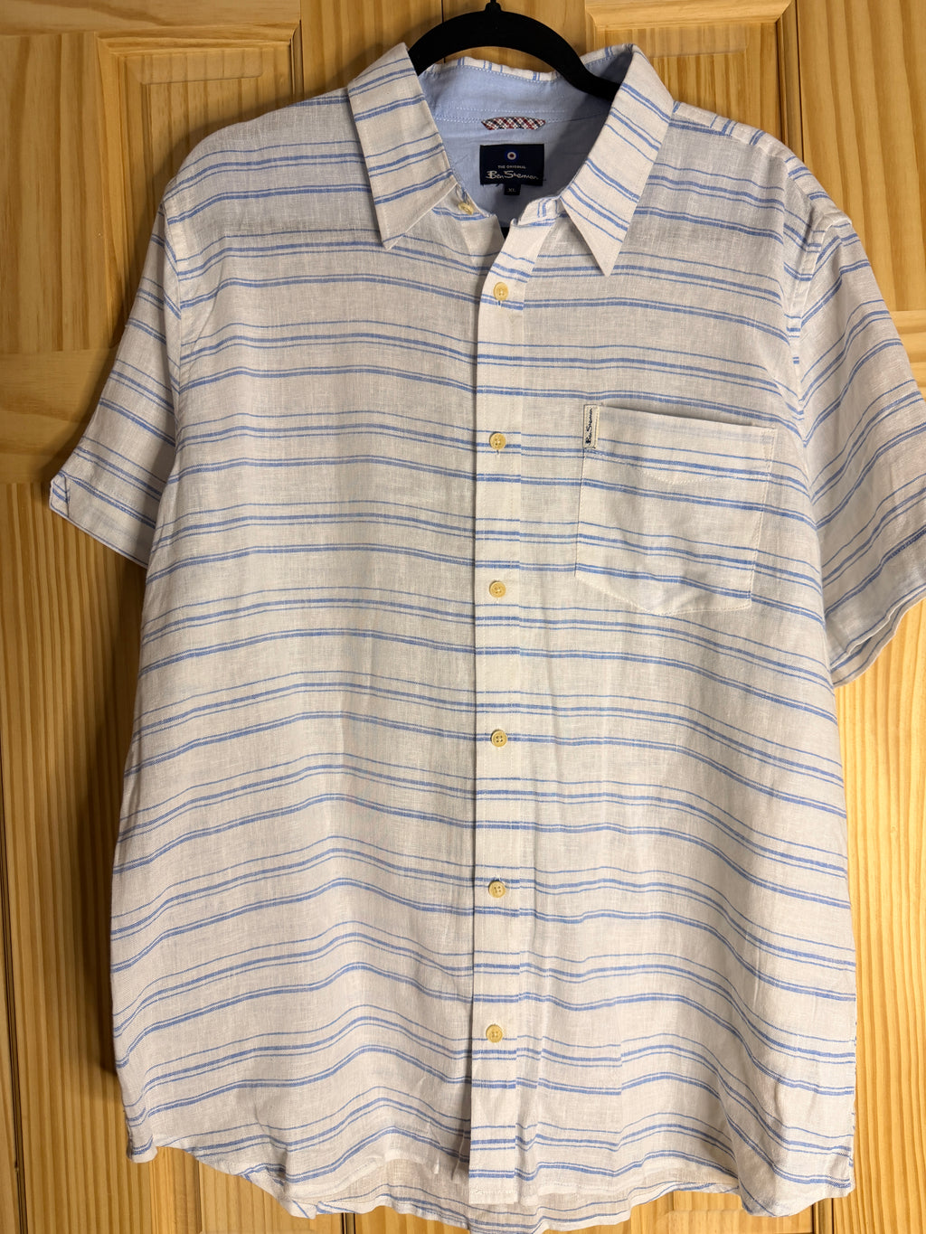 Ben Sherman Linen Blend Shirt XL Blue White Stripe Short Sleeve Button Front