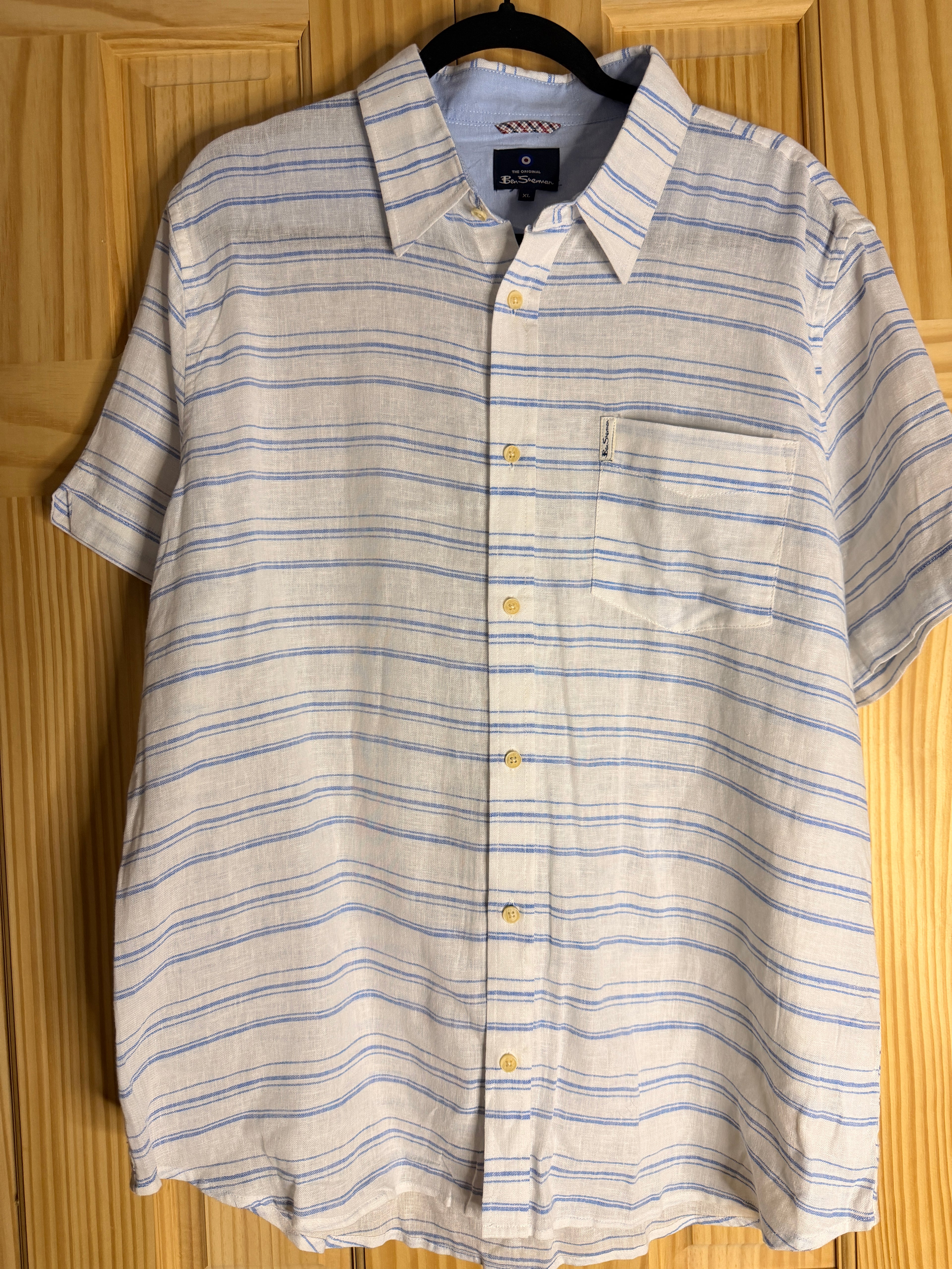 Ben Sherman Linen Blend Shirt XL Blue White Stripe Short Sleeve Button Front