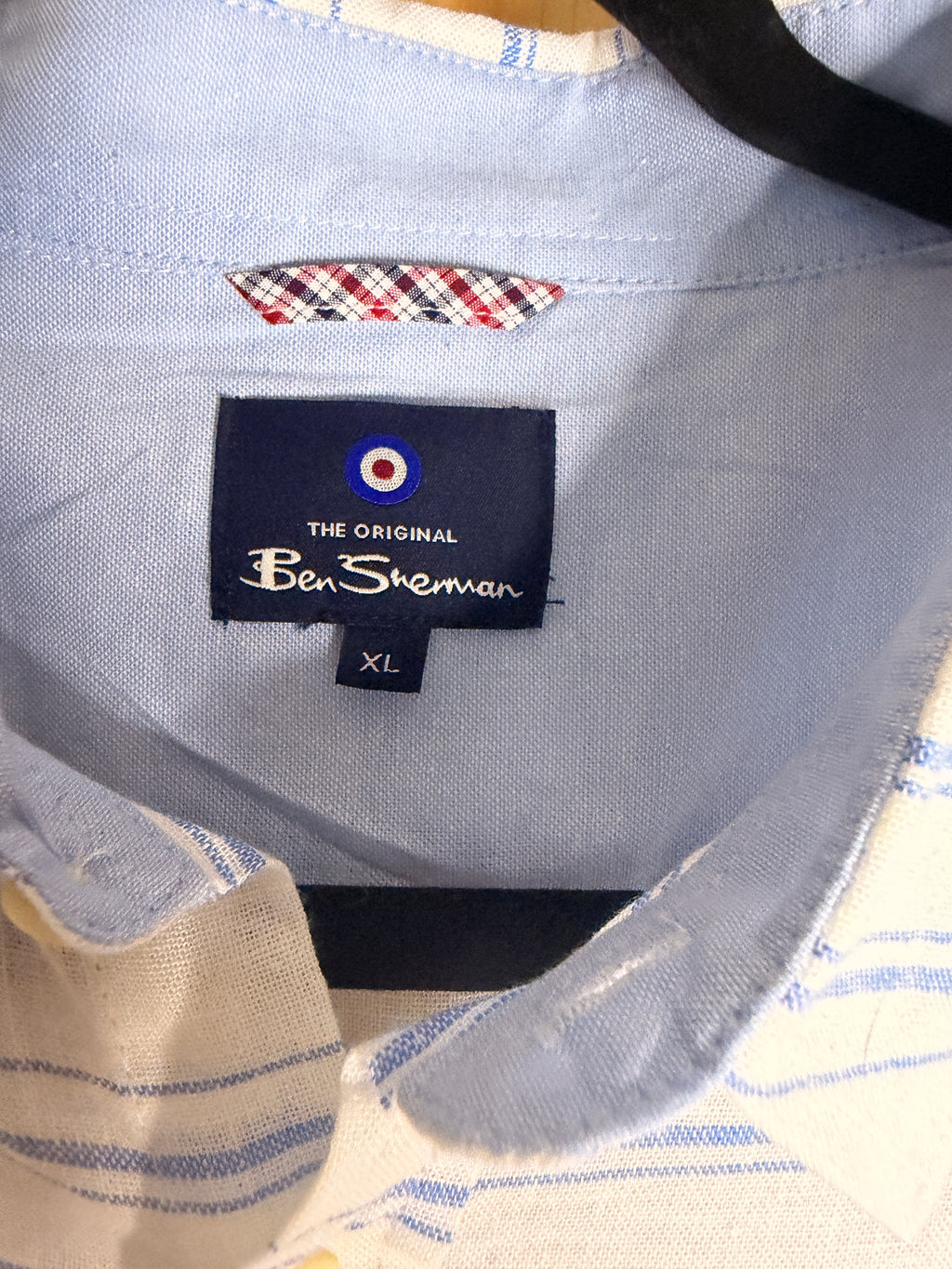Ben Sherman Linen Blend Shirt XL Blue White Stripe Short Sleeve Button Front