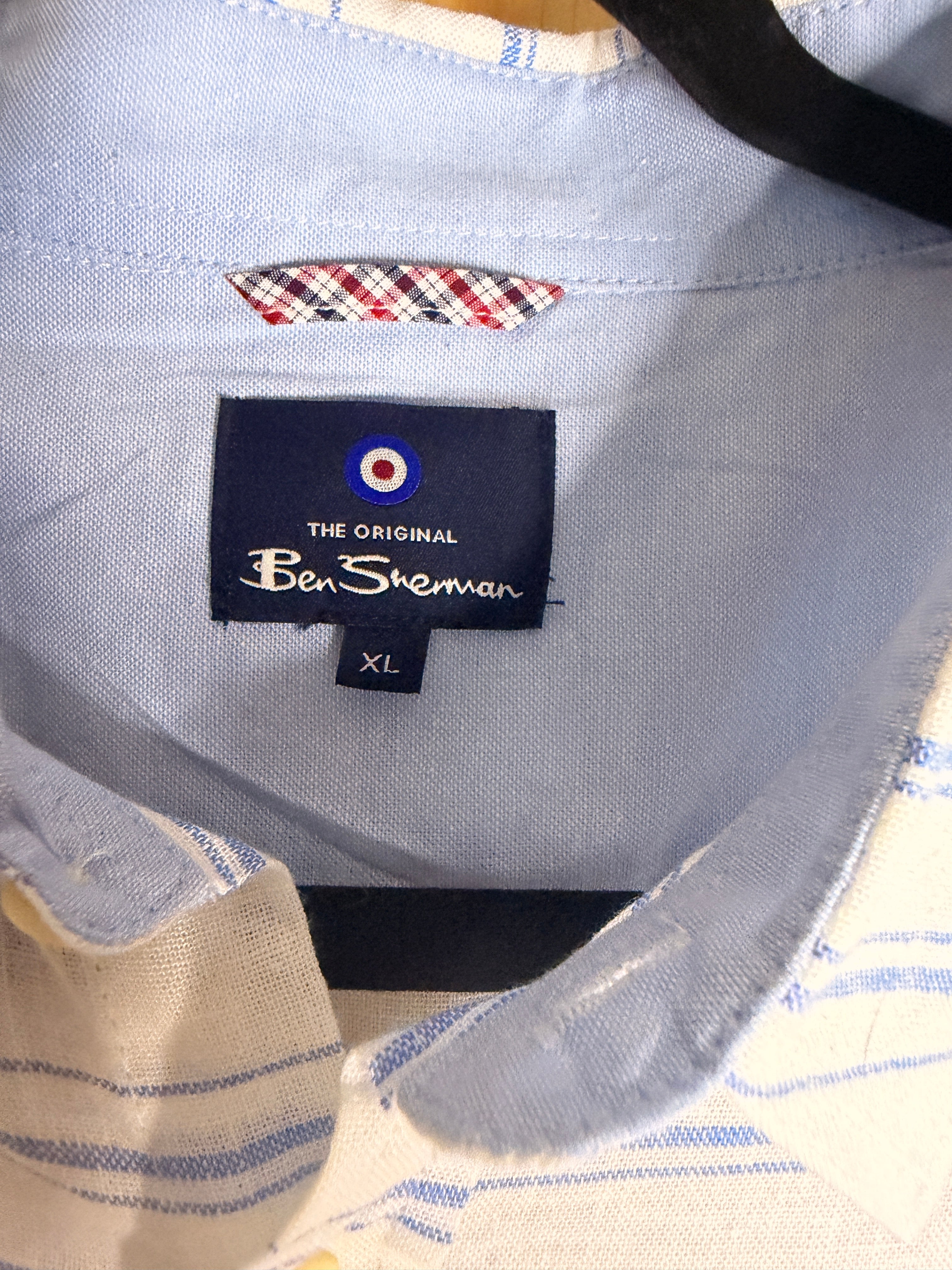 Ben Sherman Linen Blend Shirt XL Blue White Stripe Short Sleeve Button Front