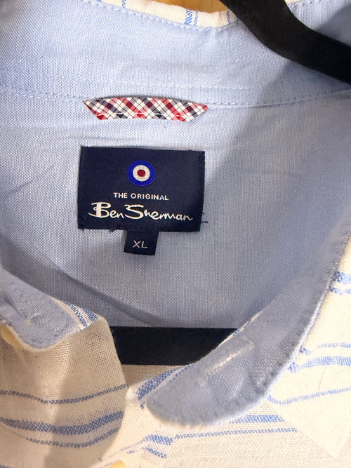 Ben Sherman Linen Blend Shirt XL Blue White Stripe Short Sleeve Button Front
