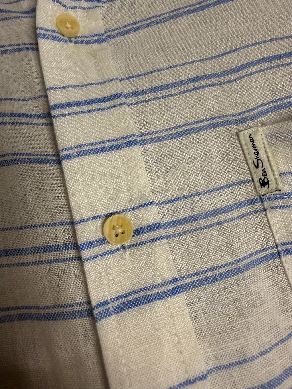 Ben Sherman Linen Blend Shirt XL Blue White Stripe Short Sleeve Button Front