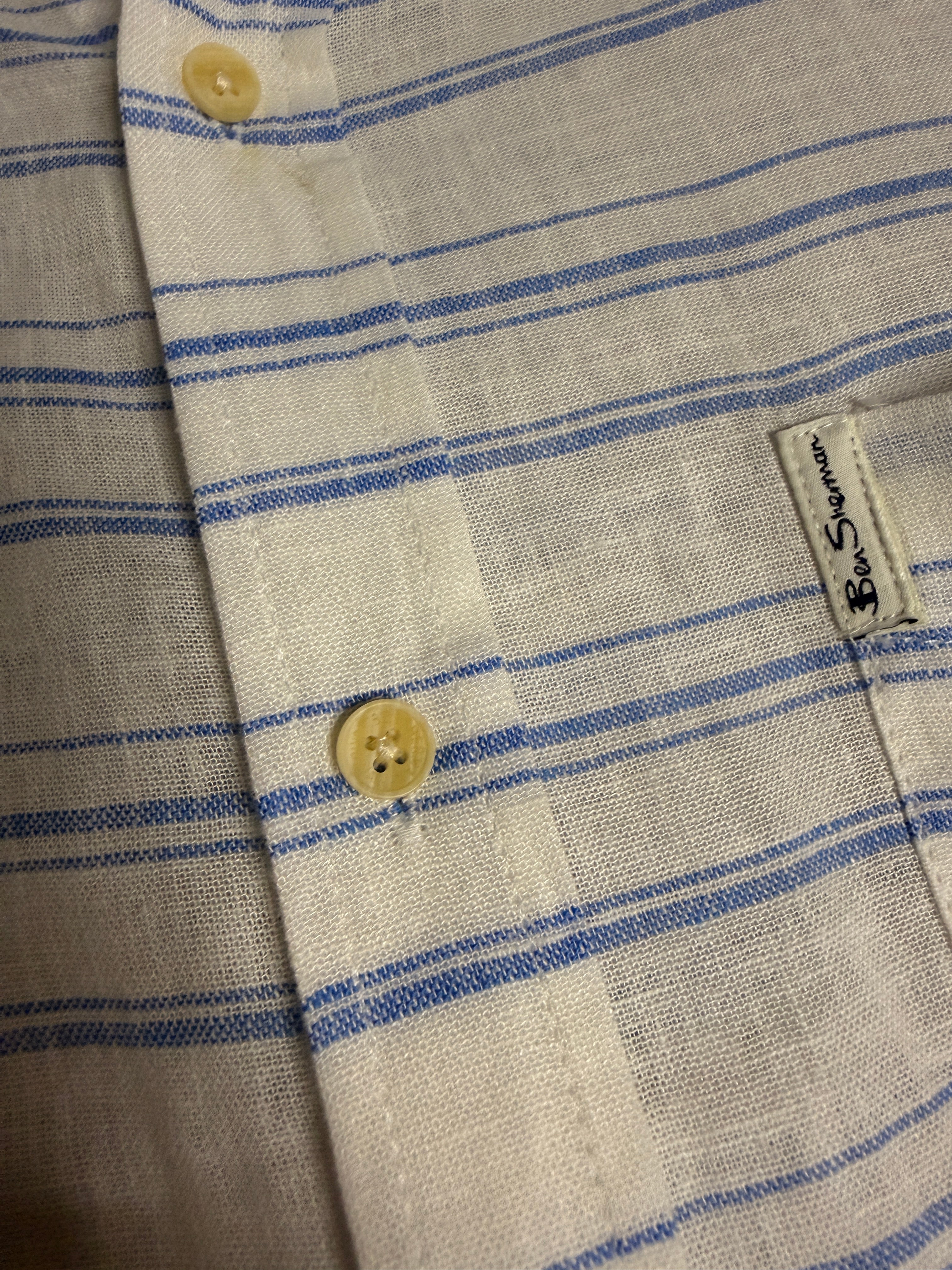 Ben Sherman Linen Blend Shirt XL Blue White Stripe Short Sleeve Button Front