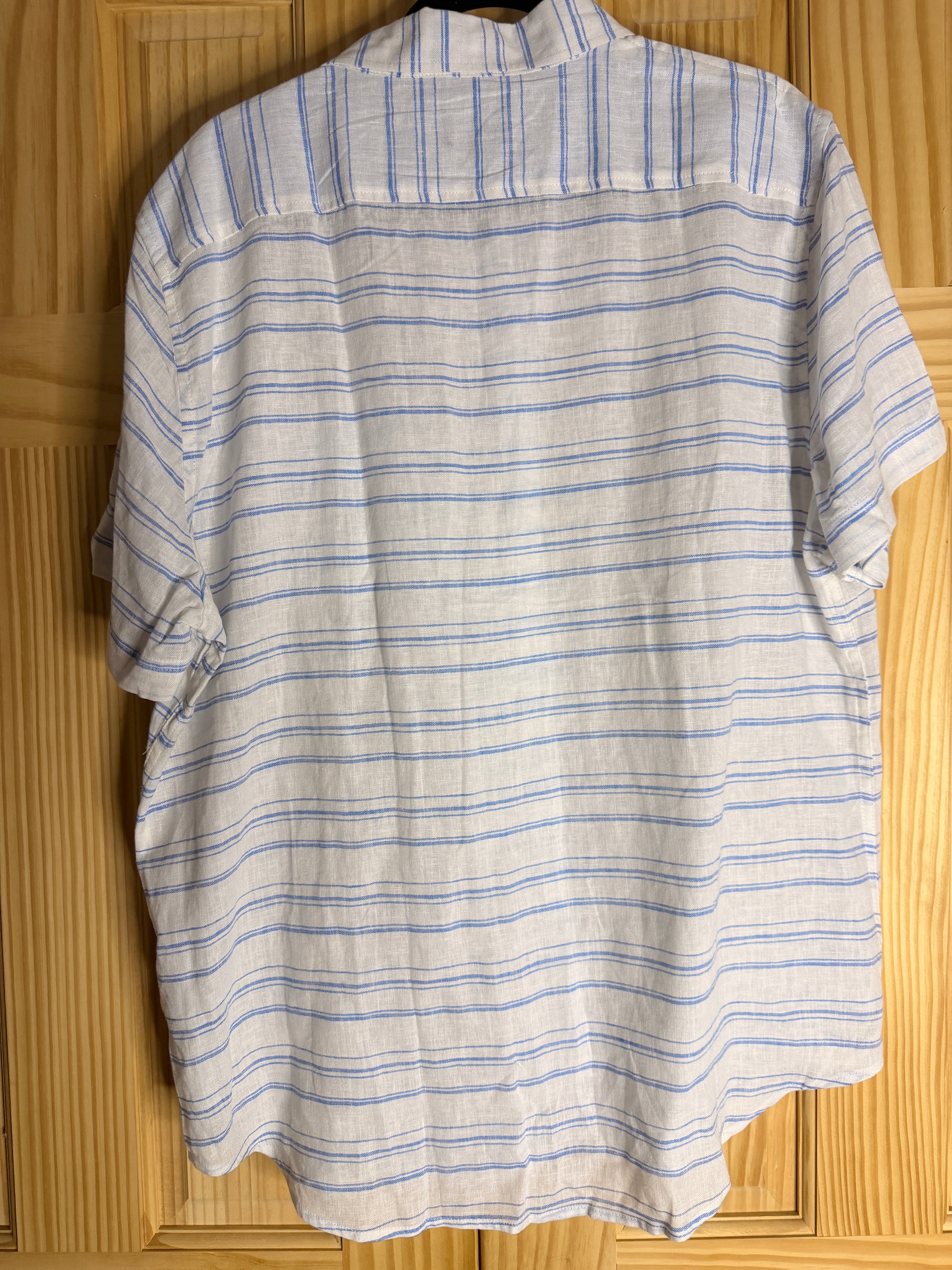Ben Sherman Linen Blend Shirt XL Blue White Stripe Short Sleeve Button Front