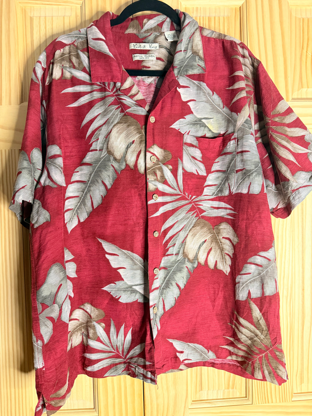 Vintage Batik Bay Hawaiian Shirt XL Red Tropical Leaf Print 100% Silk Camp Shirt