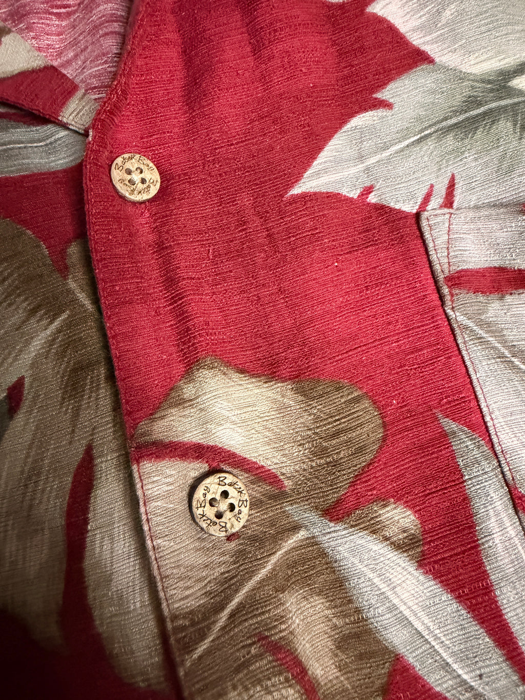 Vintage Batik Bay Hawaiian Shirt XL Red Tropical Leaf Print 100% Silk Camp Shirt
