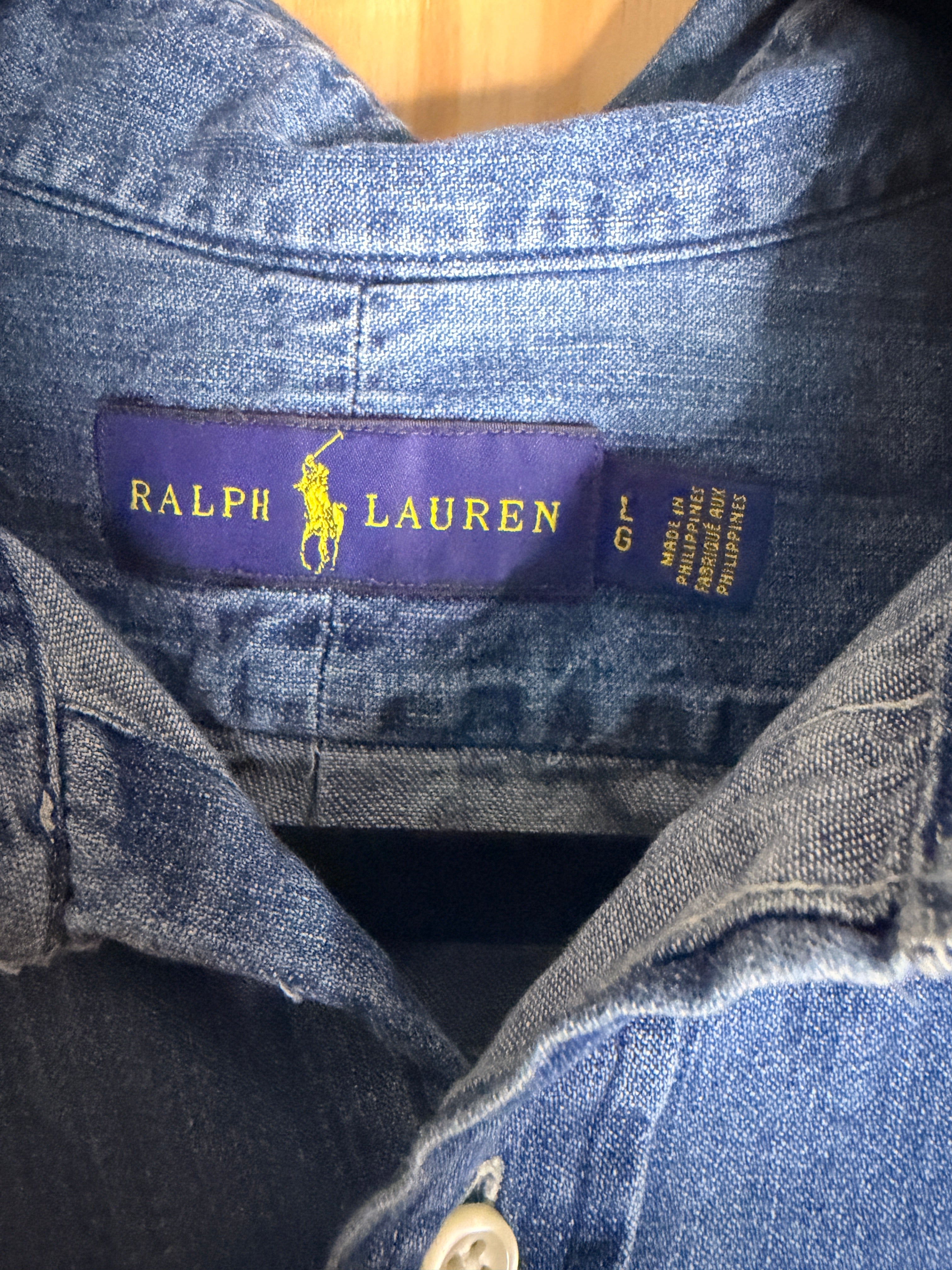 Ralph Lauren Denim Shirt Medium Blue Chambray Short Sleeve Button Front Pony Logo