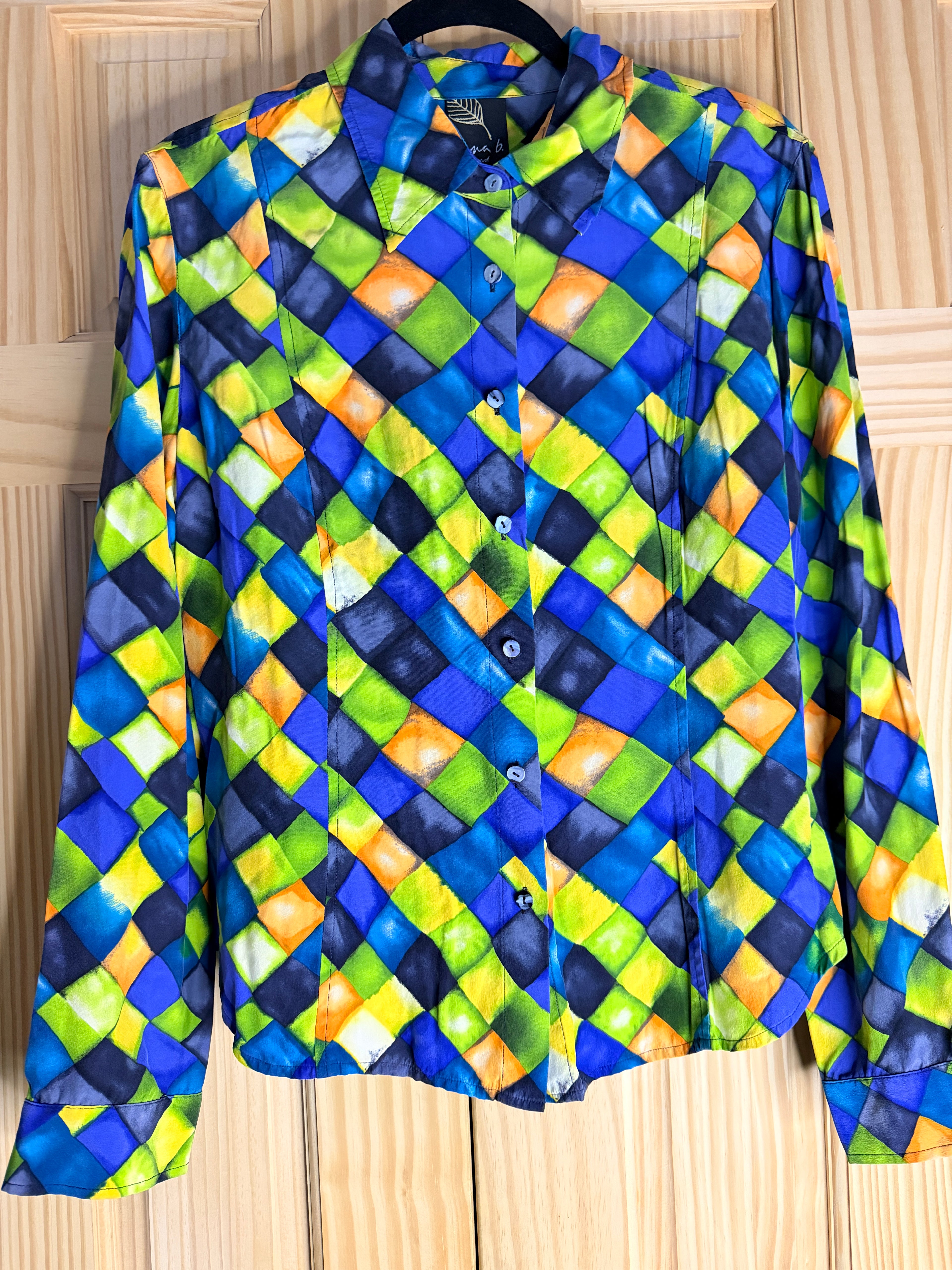 Vintage Dana B. and Karen 100% Silk Abstract Geometric Blouse Women's 16