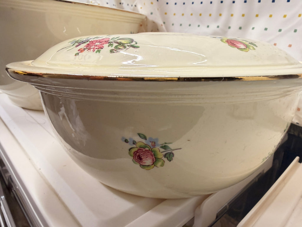 Vintage Household Institute Priscilla Ovenware Set – 3 Nesting Mixing Bowls, Covered Casserole & Pitcher – Floral Farmhouse Kitchen – 1940s 1950s
