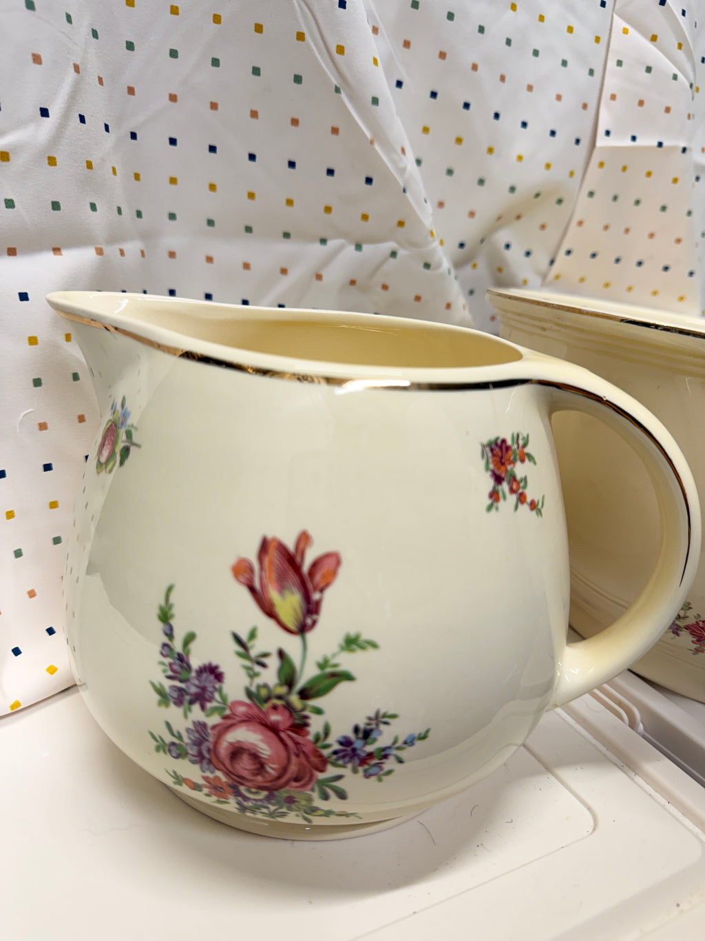 Vintage Household Institute Priscilla Ovenware Set – 3 Nesting Mixing Bowls, Covered Casserole & Pitcher – Floral Farmhouse Kitchen – 1940s 1950s