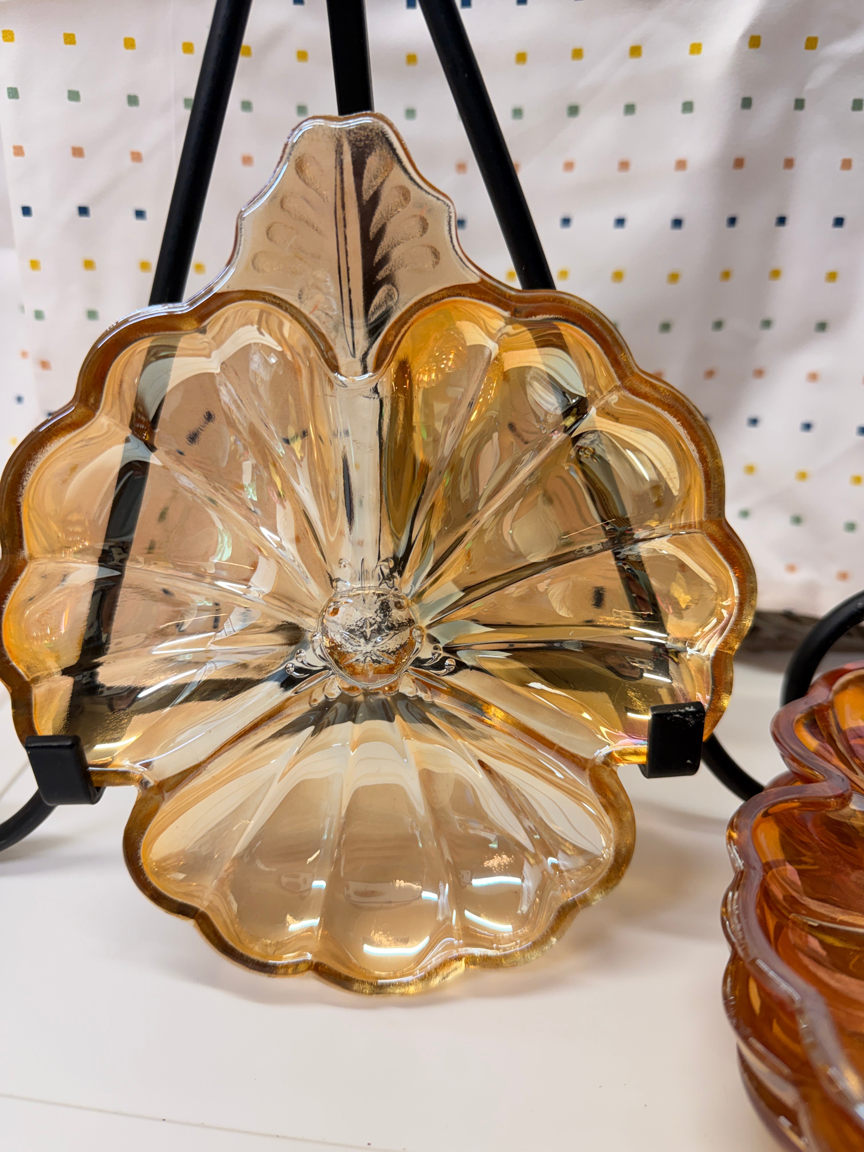 Vintage Amber Carnival Glass Serving Set | Leaf Divided Relish Dish, Footed Compote, Bowl & Mug | Mid Century Glass Collection | 4 Pieces