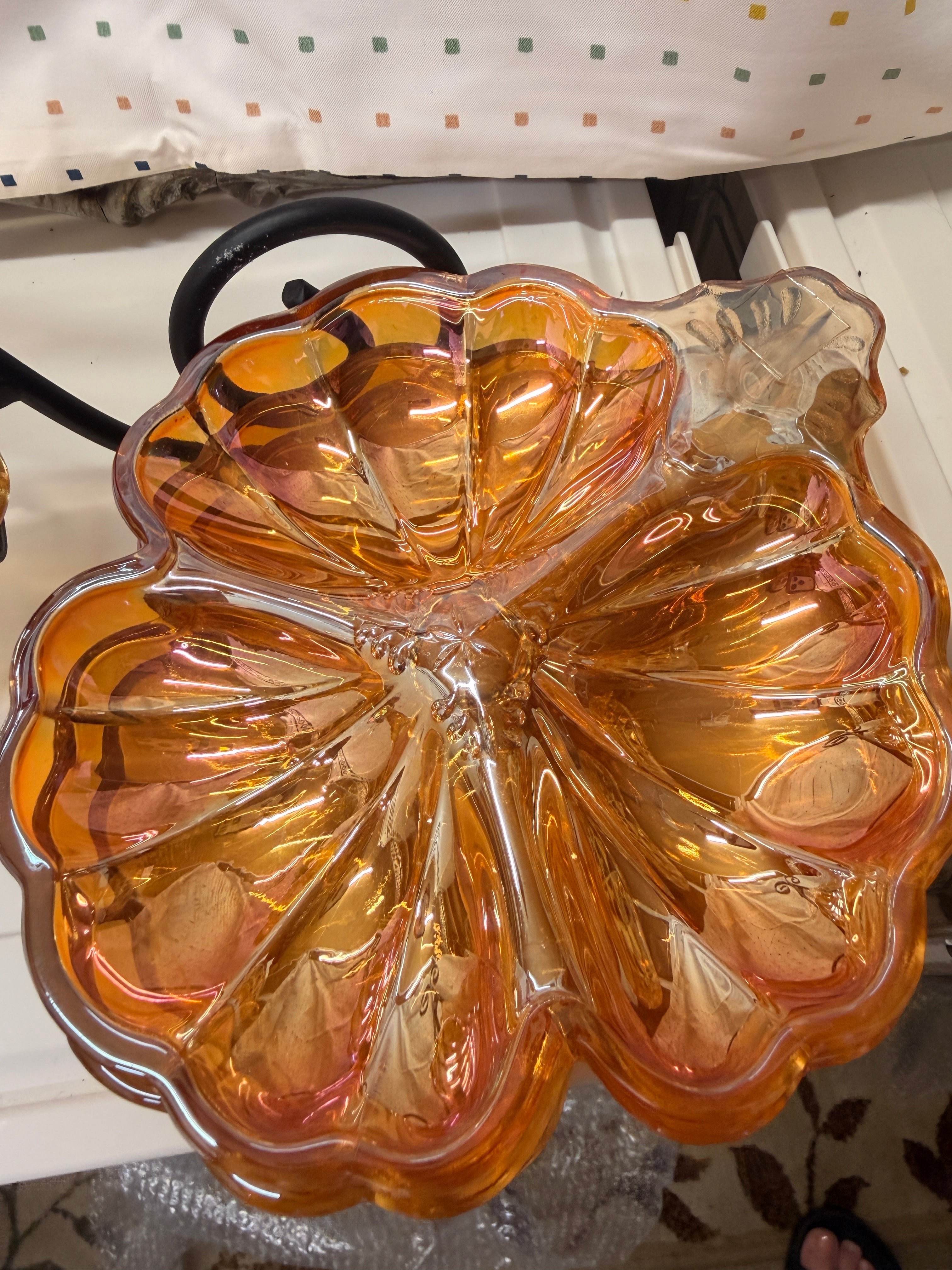 Vintage Amber Carnival Glass Serving Set | Leaf Divided Relish Dish, Footed Compote, Bowl & Mug | Mid Century Glass Collection | 4 Pieces