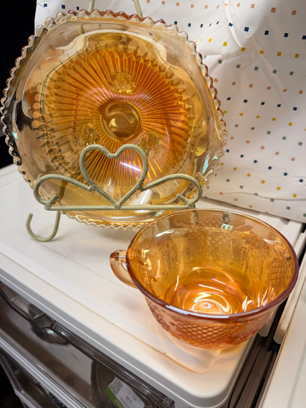 Vintage Amber Carnival Glass Serving Set | Leaf Divided Relish Dish, Footed Compote, Bowl & Mug | Mid Century Glass Collection | 4 Pieces