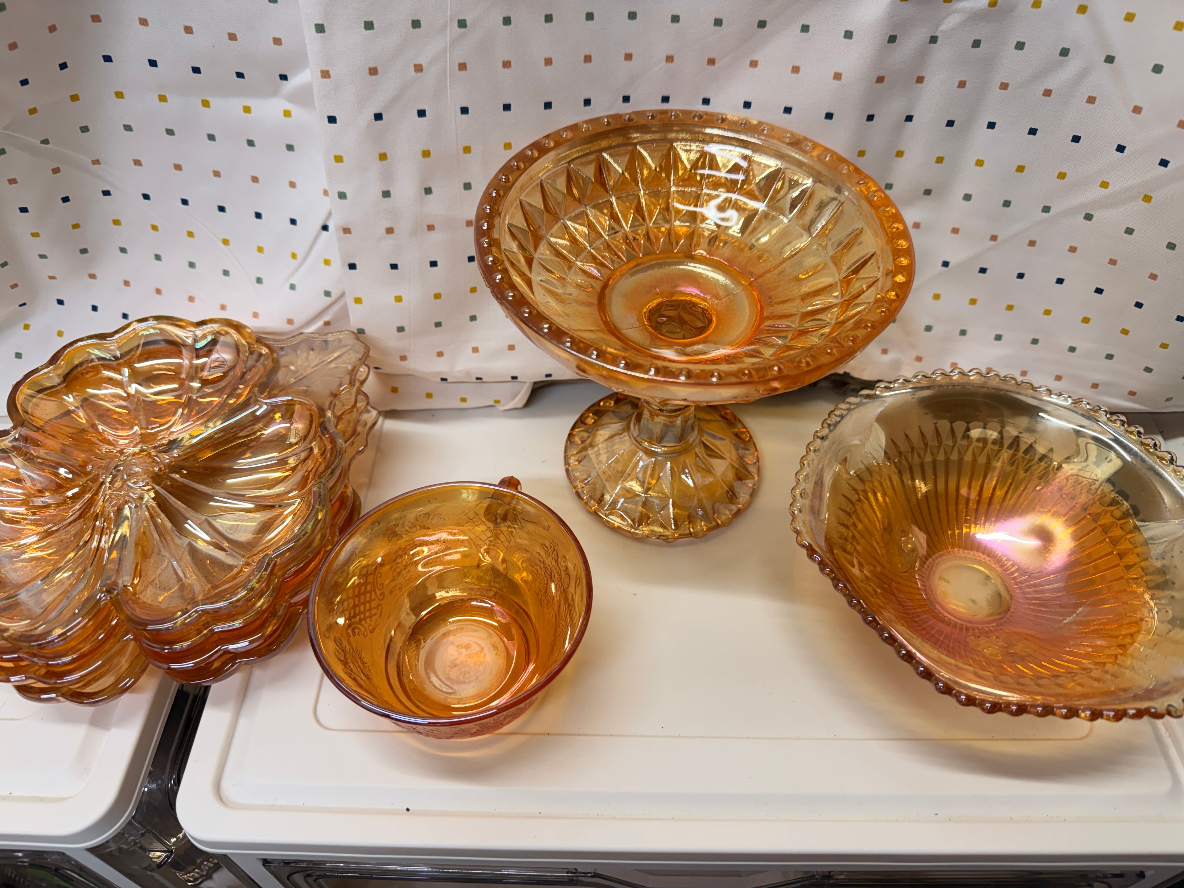 Vintage Amber Carnival Glass Serving Set | Leaf Divided Relish Dish, Footed Compote, Bowl & Mug | Mid Century Glass Collection | 4 Pieces